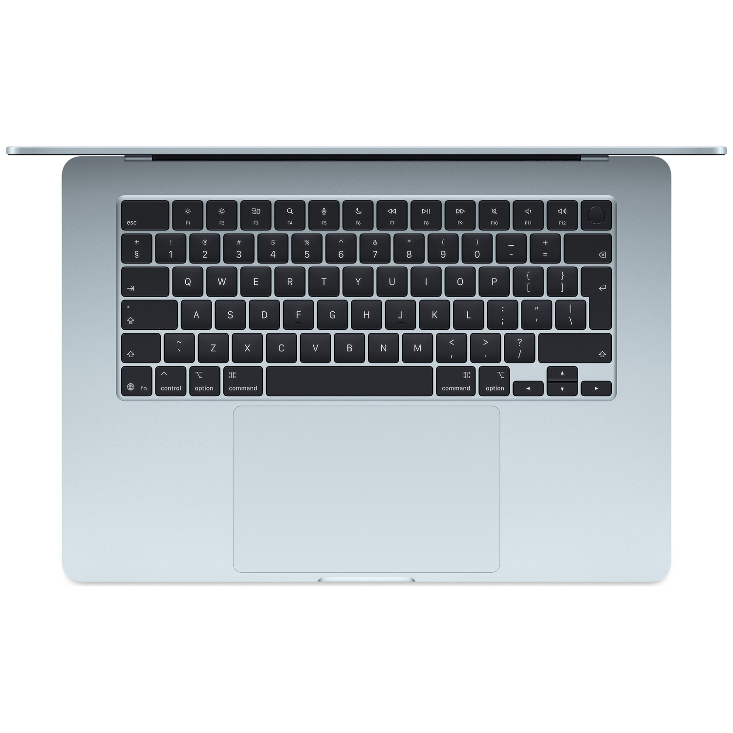 Top-down view of a light blue laptop keyboard and trackpad on a white background.