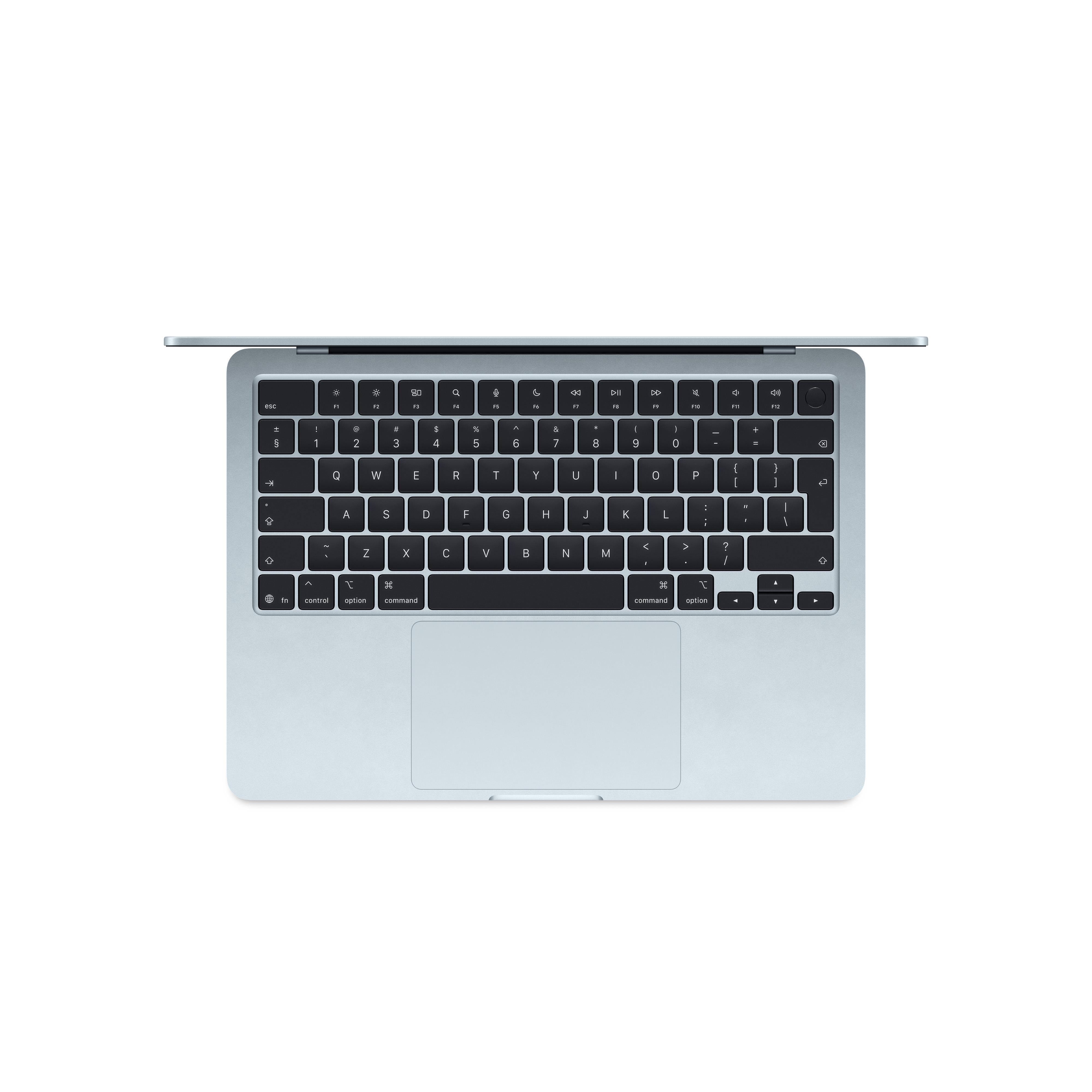 Ein hellblaues MacBook mit Tastatur und Touchpad auf weißem Hintergrund.