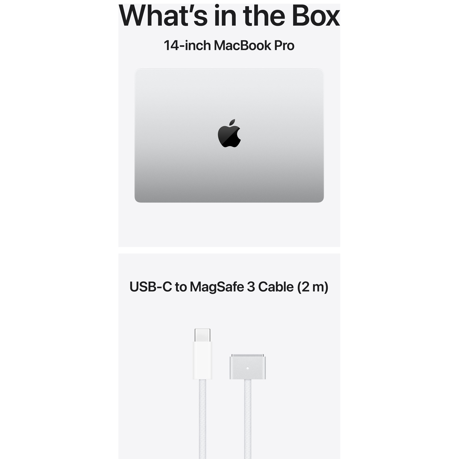 14-inch MacBook Pro and USB-C to MagSafe 3 Cable (2m) in the box.