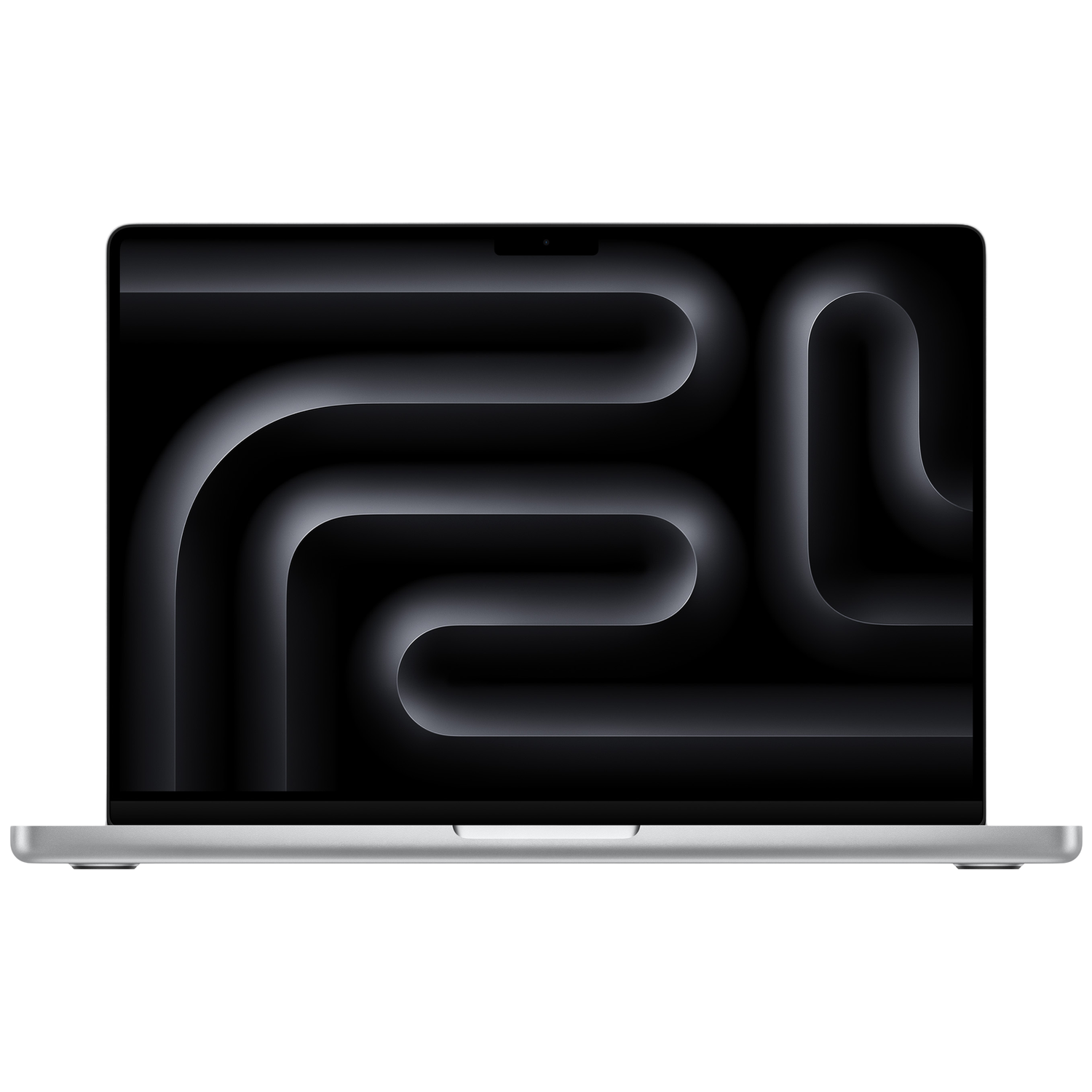 Een zilveren laptop met een donkere achtergrond met een abstract buisontwerp.