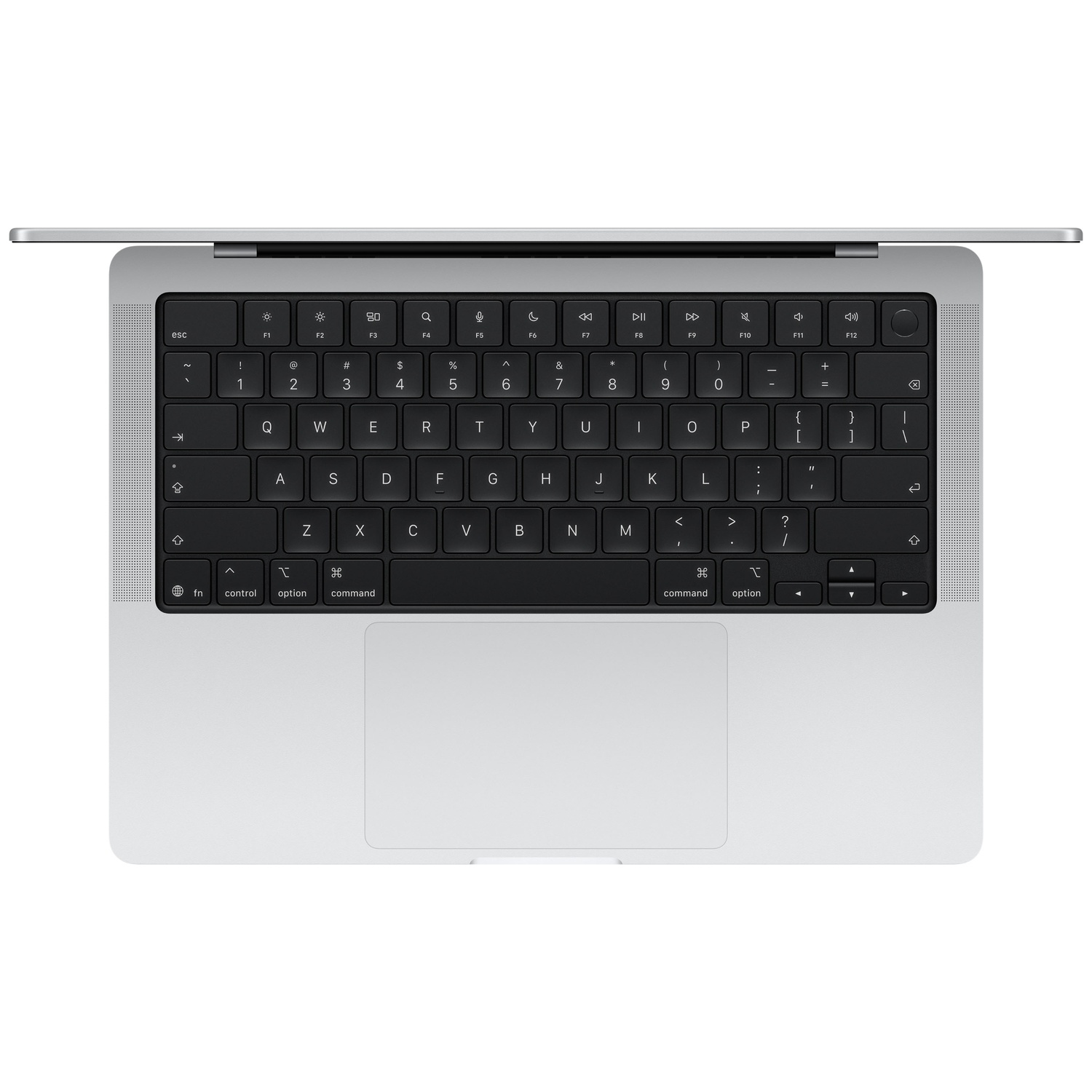Vue de dessus d'un ordinateur portable argenté ouvert avec clavier et trackpad noirs.