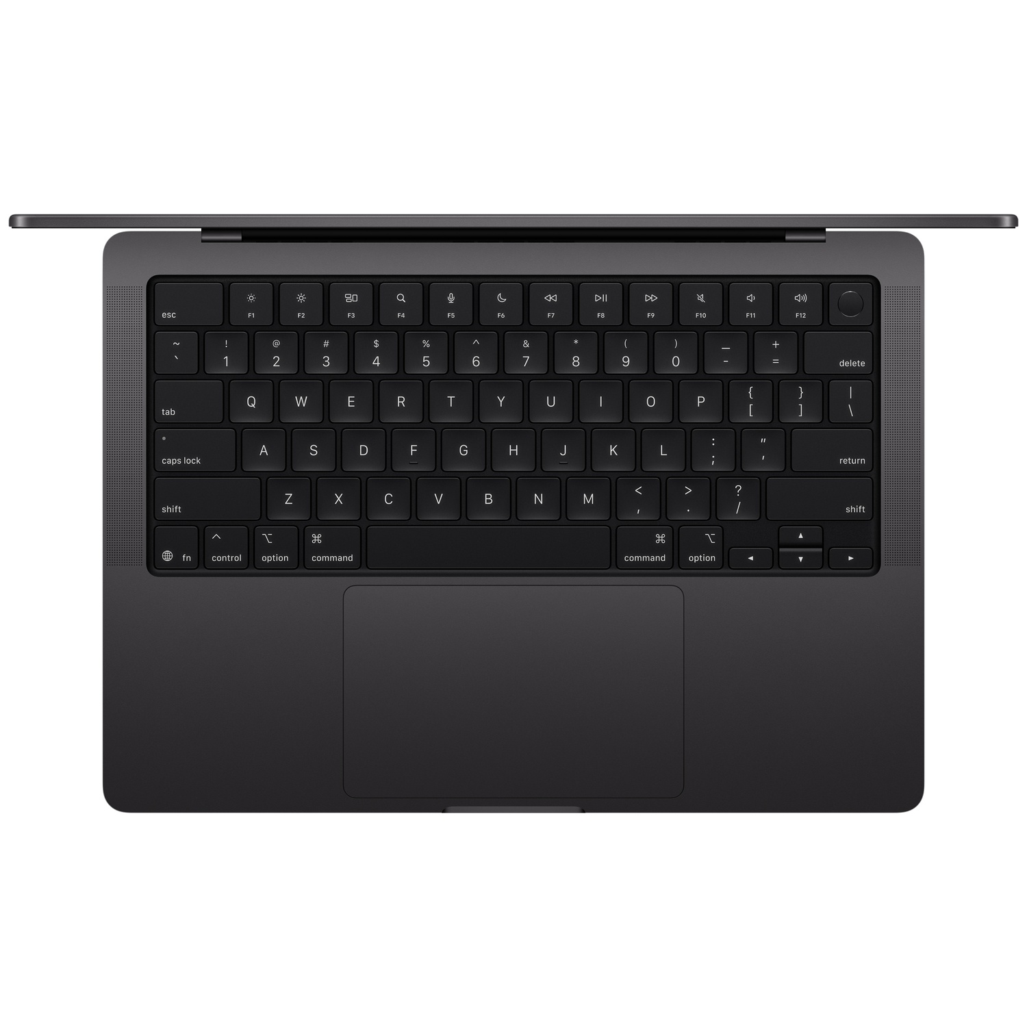 Dark gray laptop keyboard layout with trackpad, close-up from above.