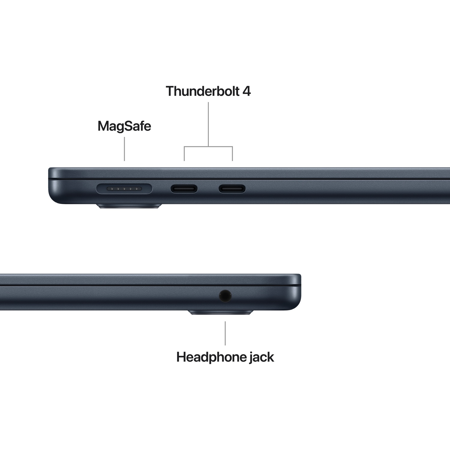 Dark blue laptop side view showing MagSafe, 2x Thunderbolt 4, and headphone jack.