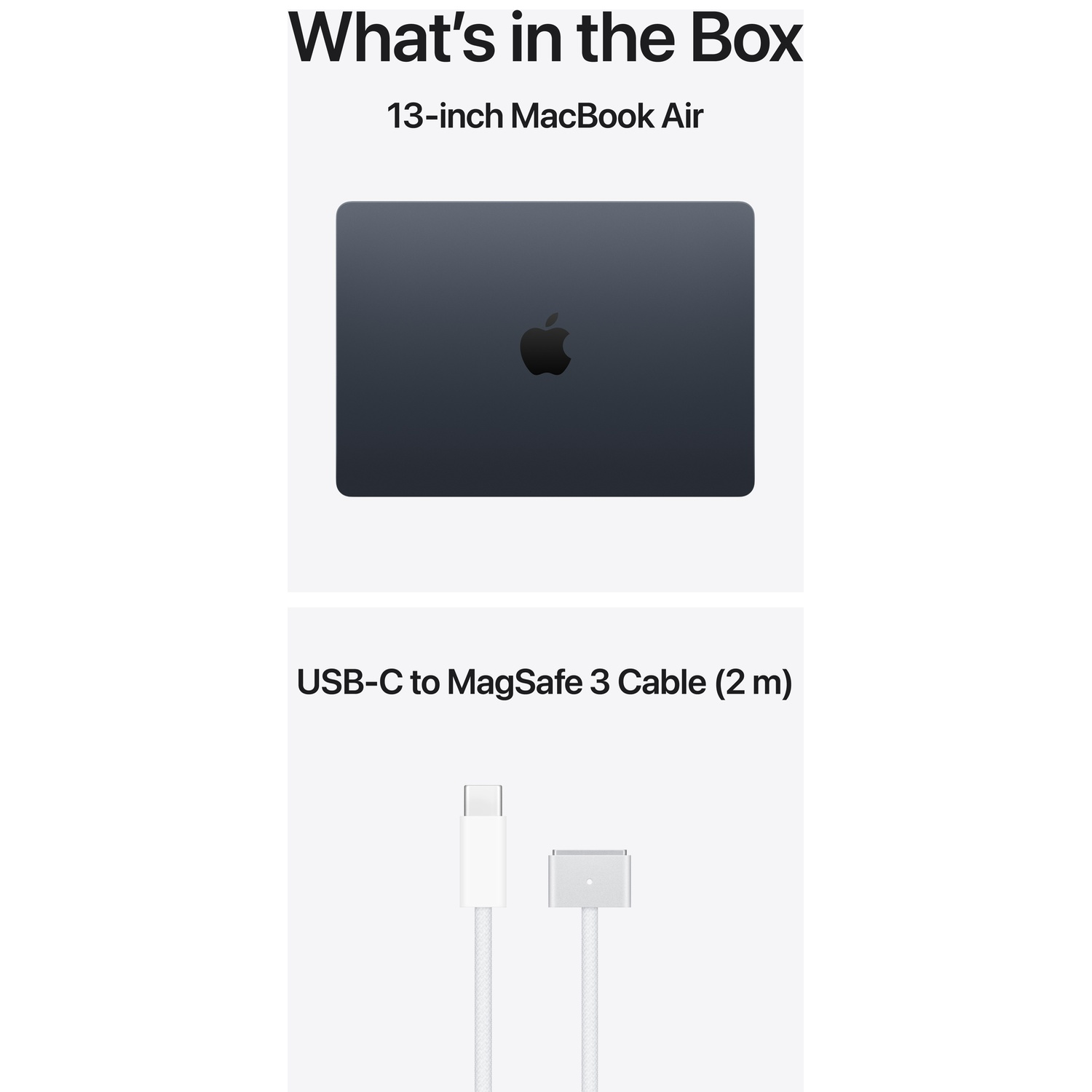 A dark gray 13-inch MacBook Air and a white USB-C to MagSafe 3 cable.