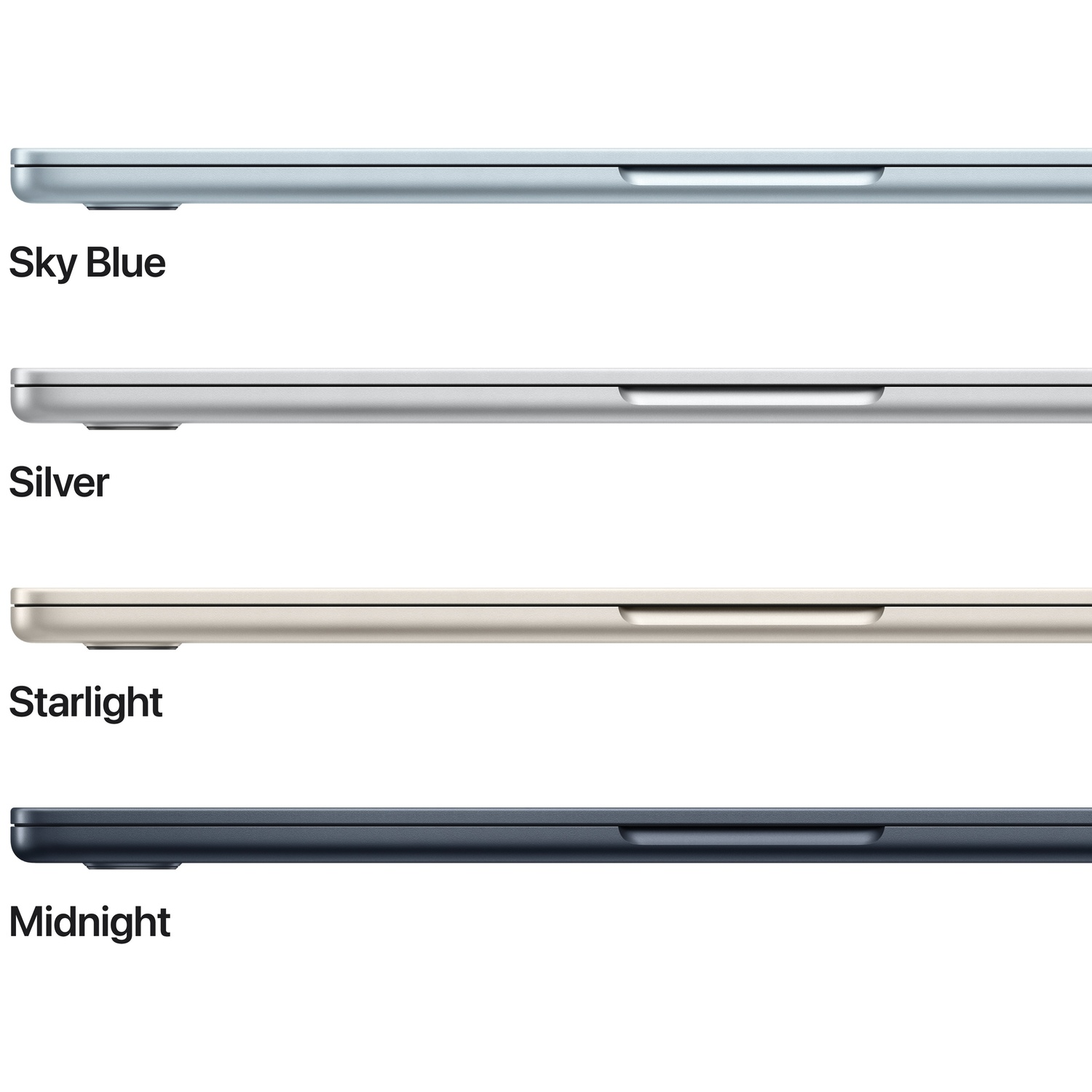 Four laptops shown in Sky Blue, Silver, Starlight, and Midnight.
