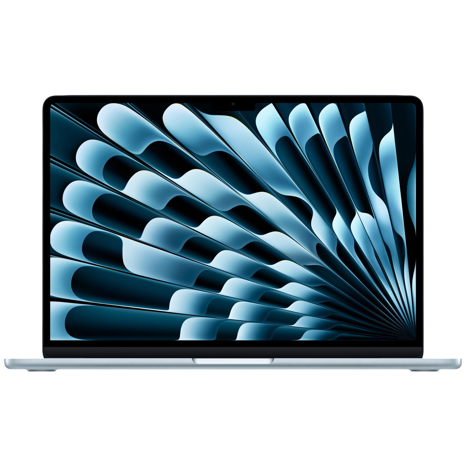 Un MacBook bleu clair avec un fond d'écran abstrait bleu.