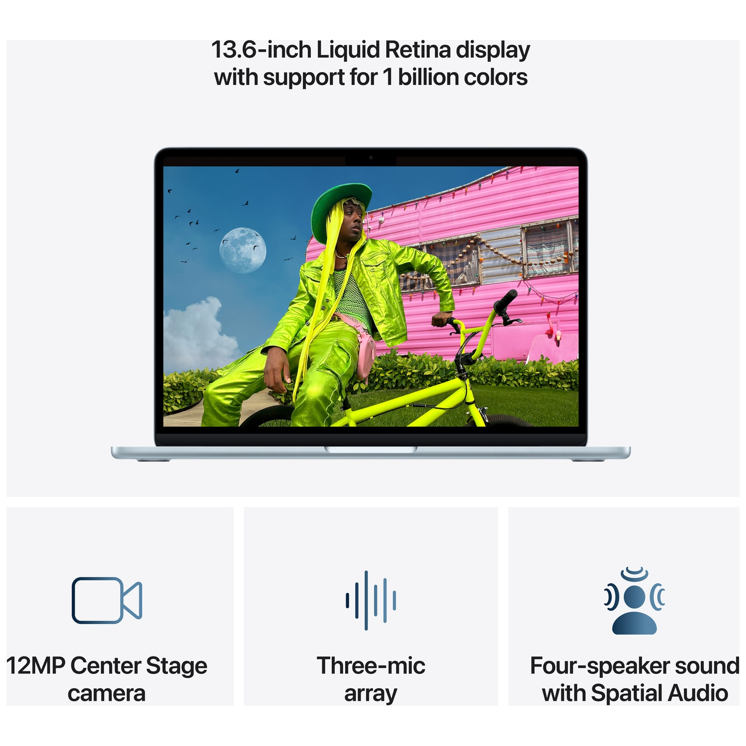 Laptop toont persoon in felle kleding voor caravan. Beneden: camera, microfoon, luidsprekers.