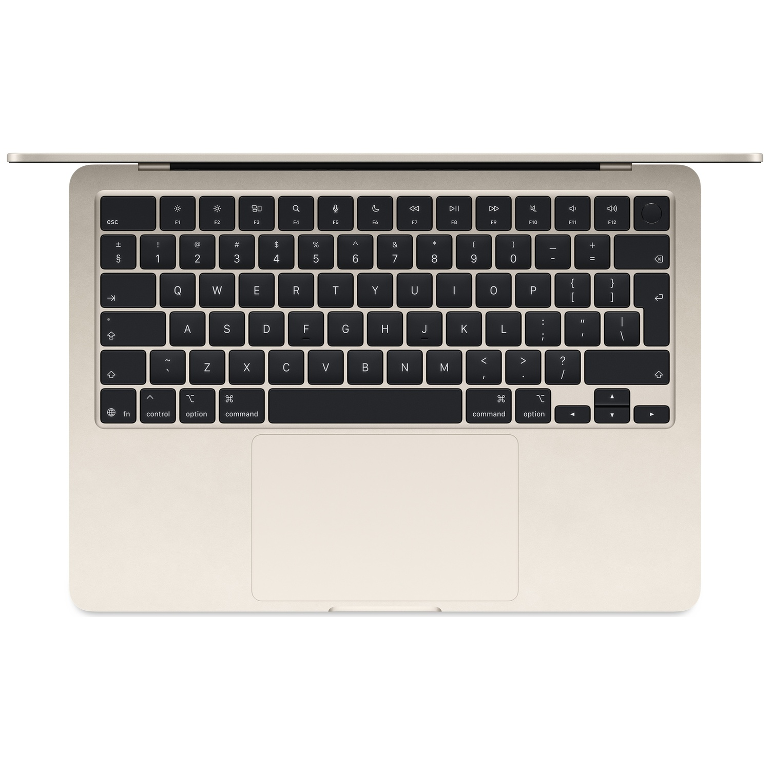Een open, crèmekleurige laptop met toetsenbord en trackpad, van bovenaf gezien.
