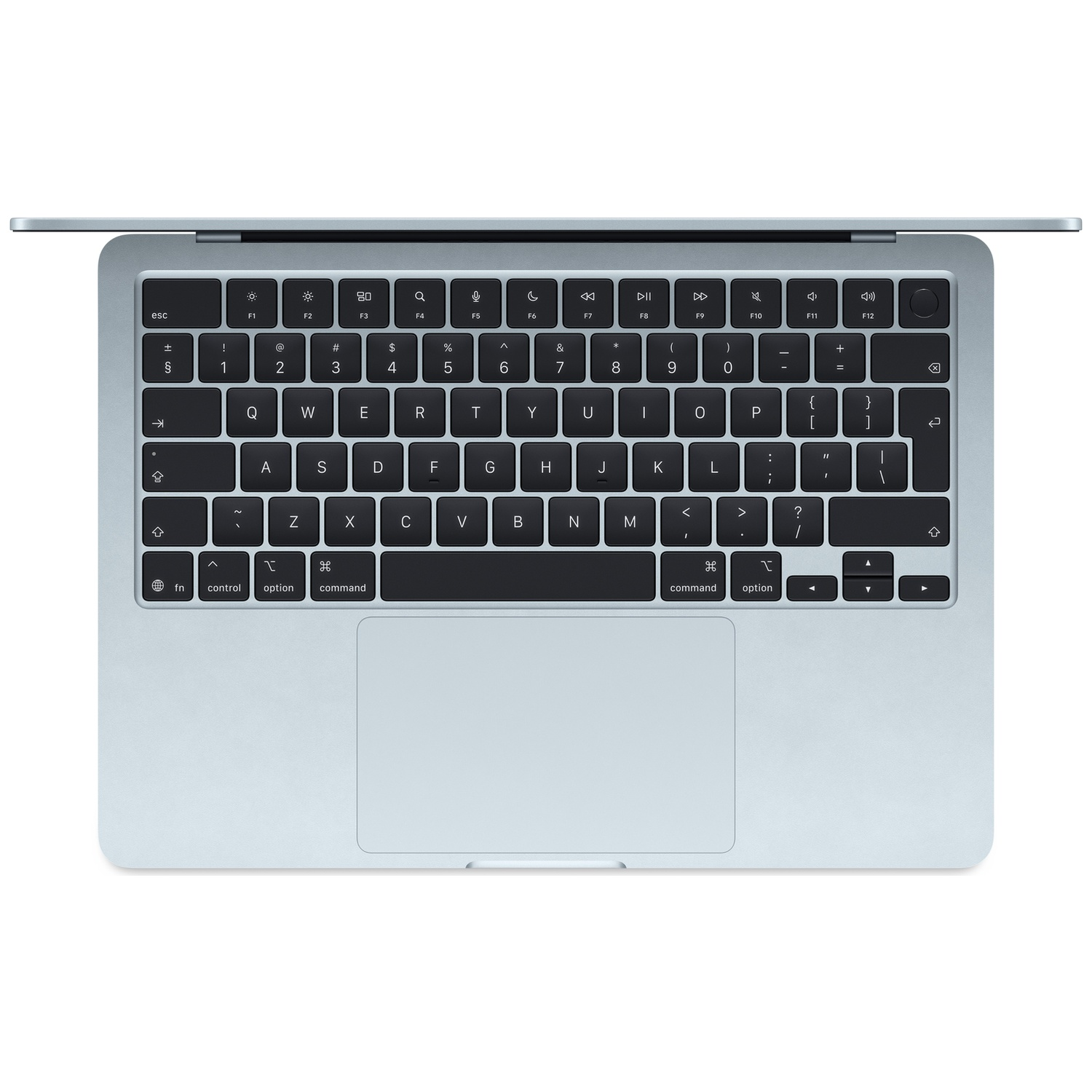 An opened silver laptop keyboard and trackpad, viewed from above.