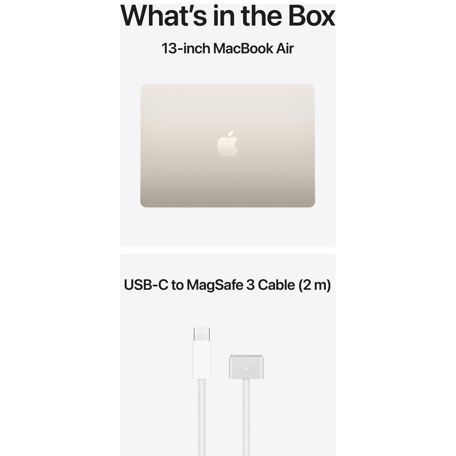 Een gouden 13-inch MacBook Air en een USB-C naar MagSafe 3-kabel.