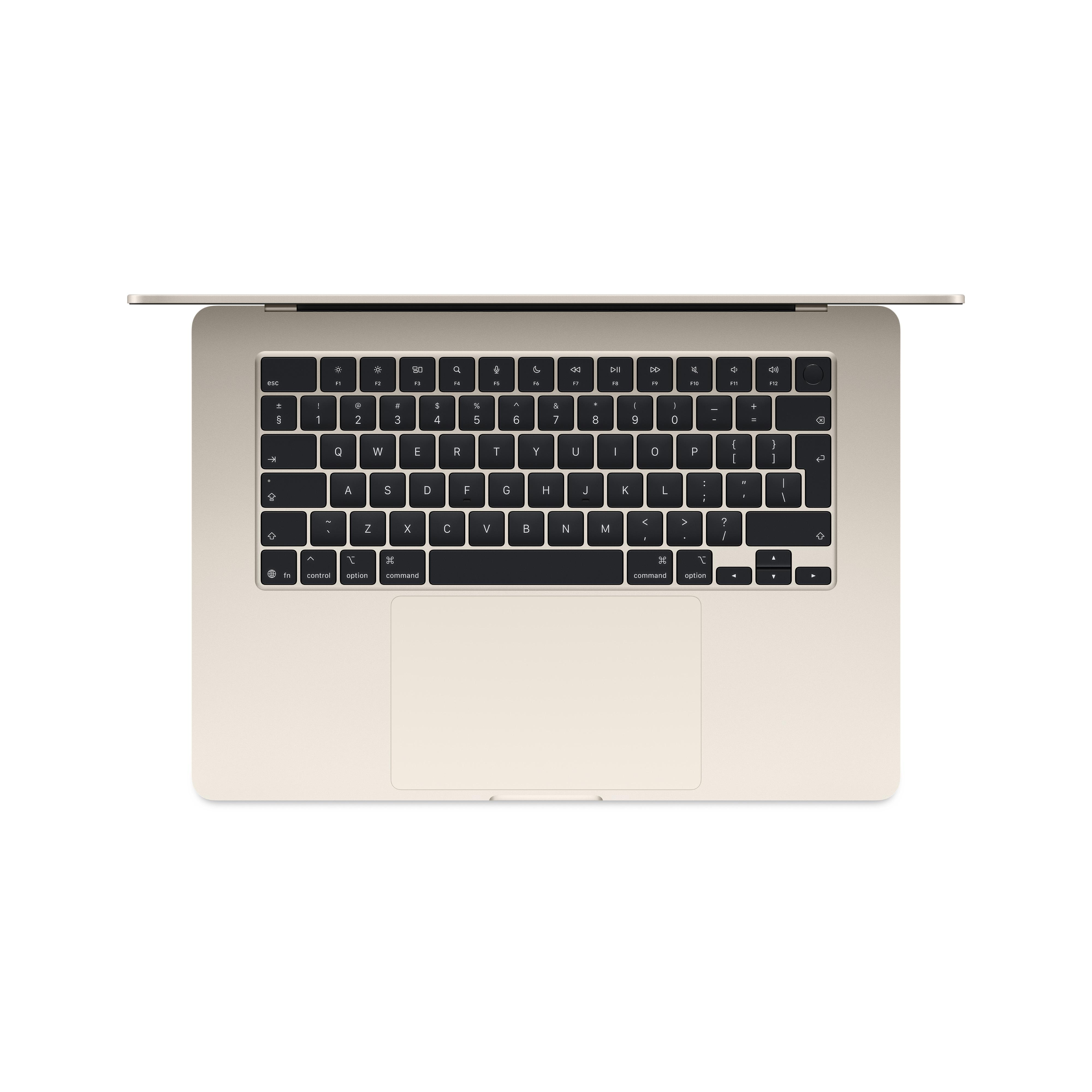 Ein hellgoldener Laptop, von oben geöffnet, zeigt die Tastatur und das Trackpad.