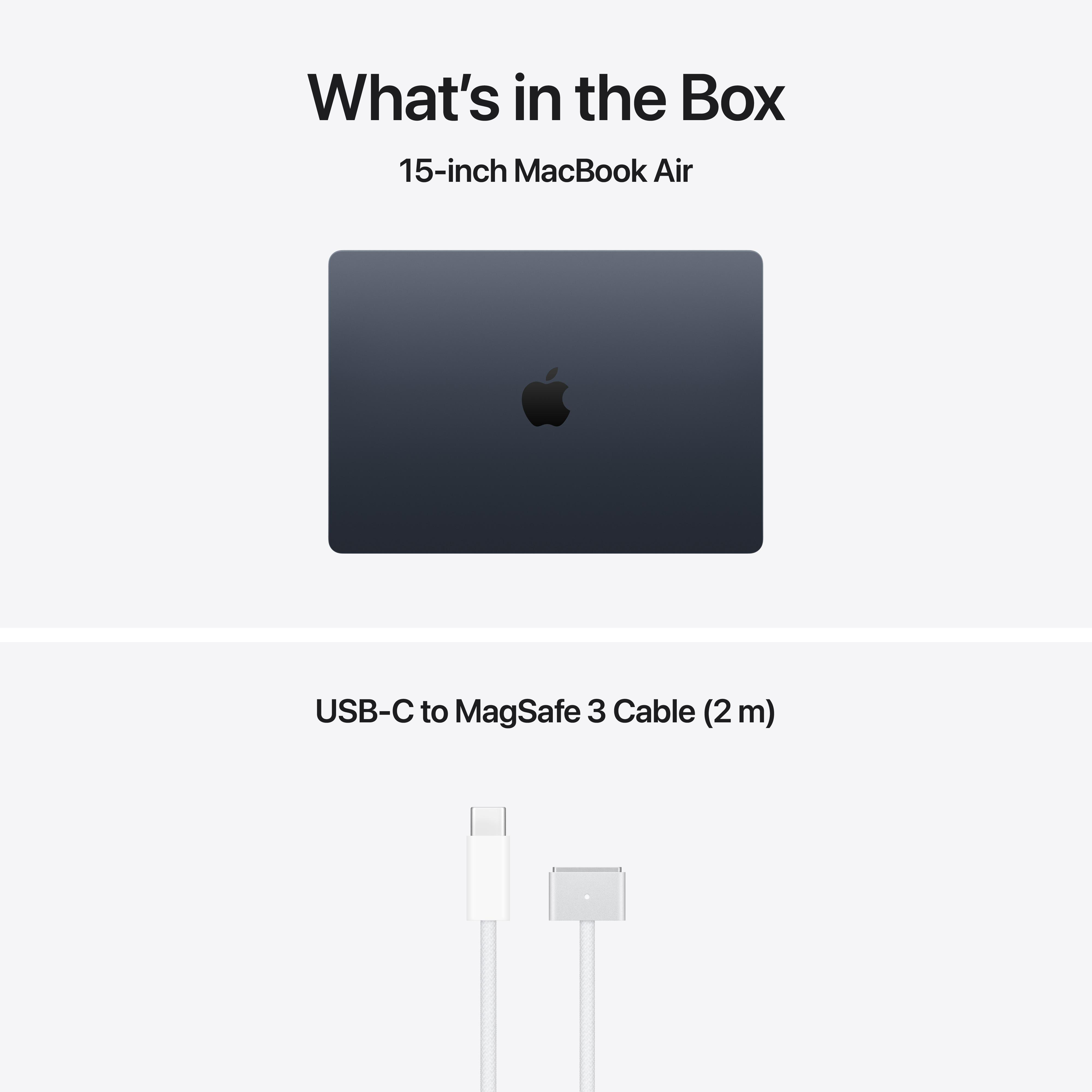 Ein dunkler 15-Zoll MacBook Air und ein USB-C zu MagSafe 3 Kabel.