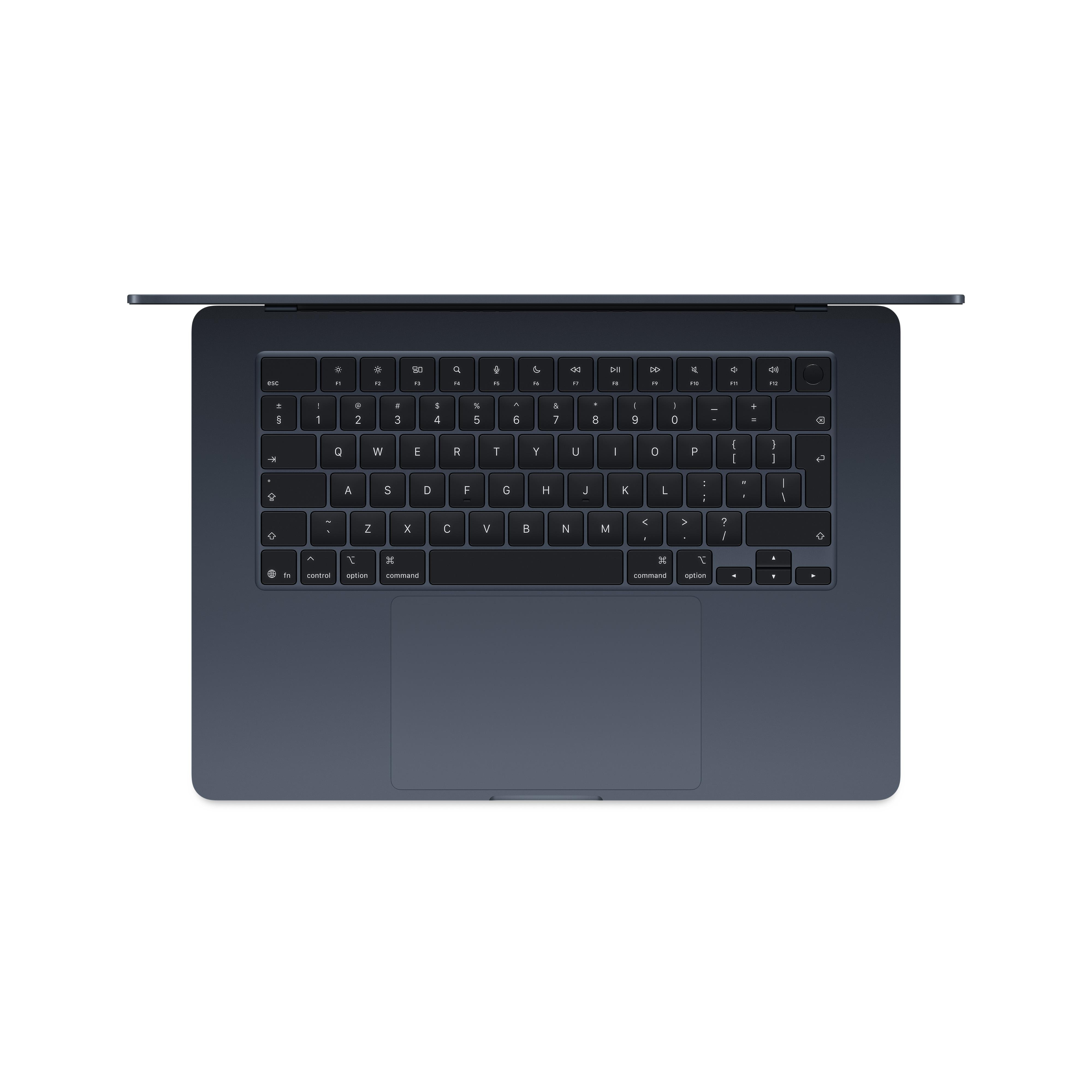 Ein dunkelblauer MacBook-Laptop ist geöffnet und zeigt Tastatur und Trackpad. Der Bildschirm ist nicht sichtbar.