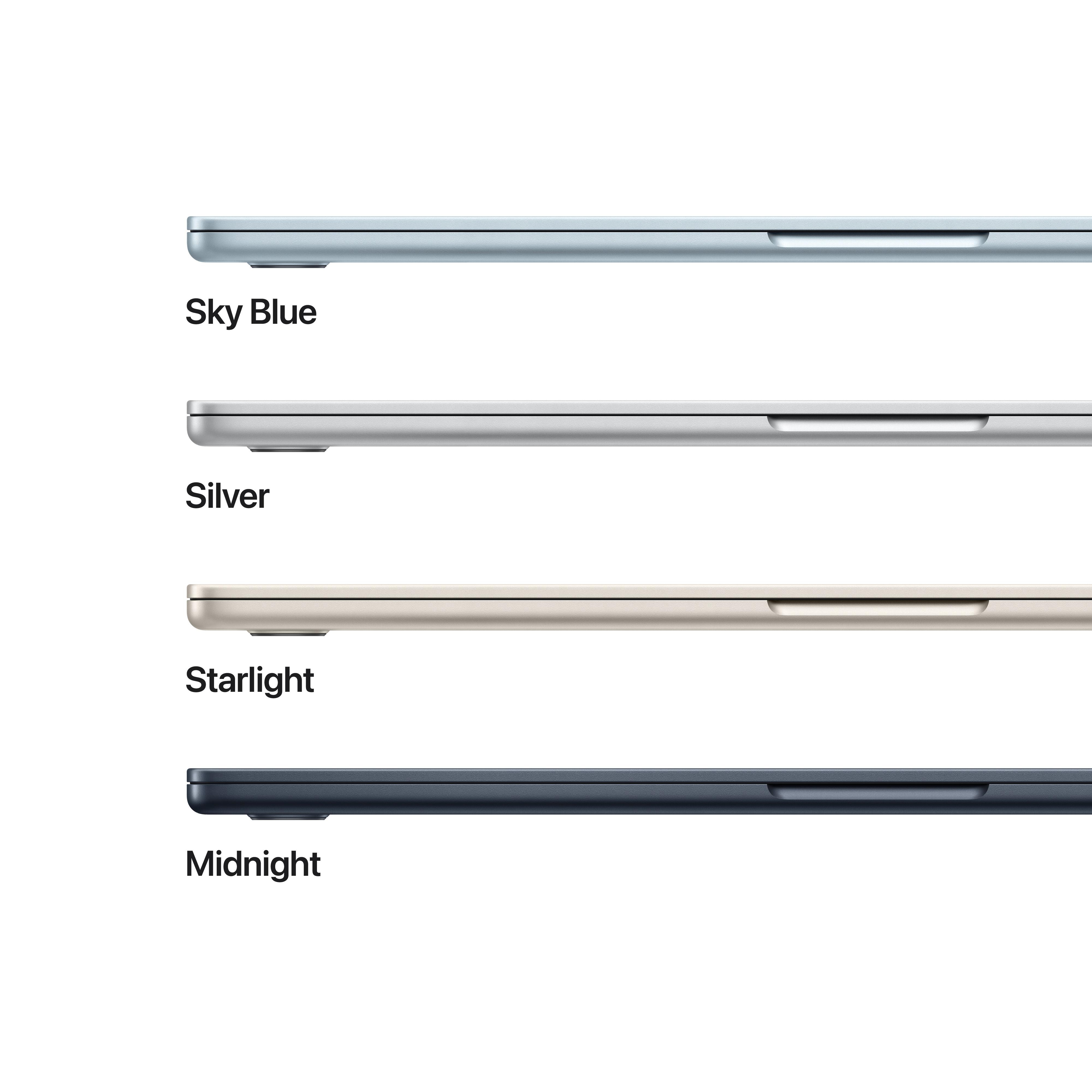Vier Laptops in verschiedenen Farben: Sky Blue, Silber, Starlight und Midnight.