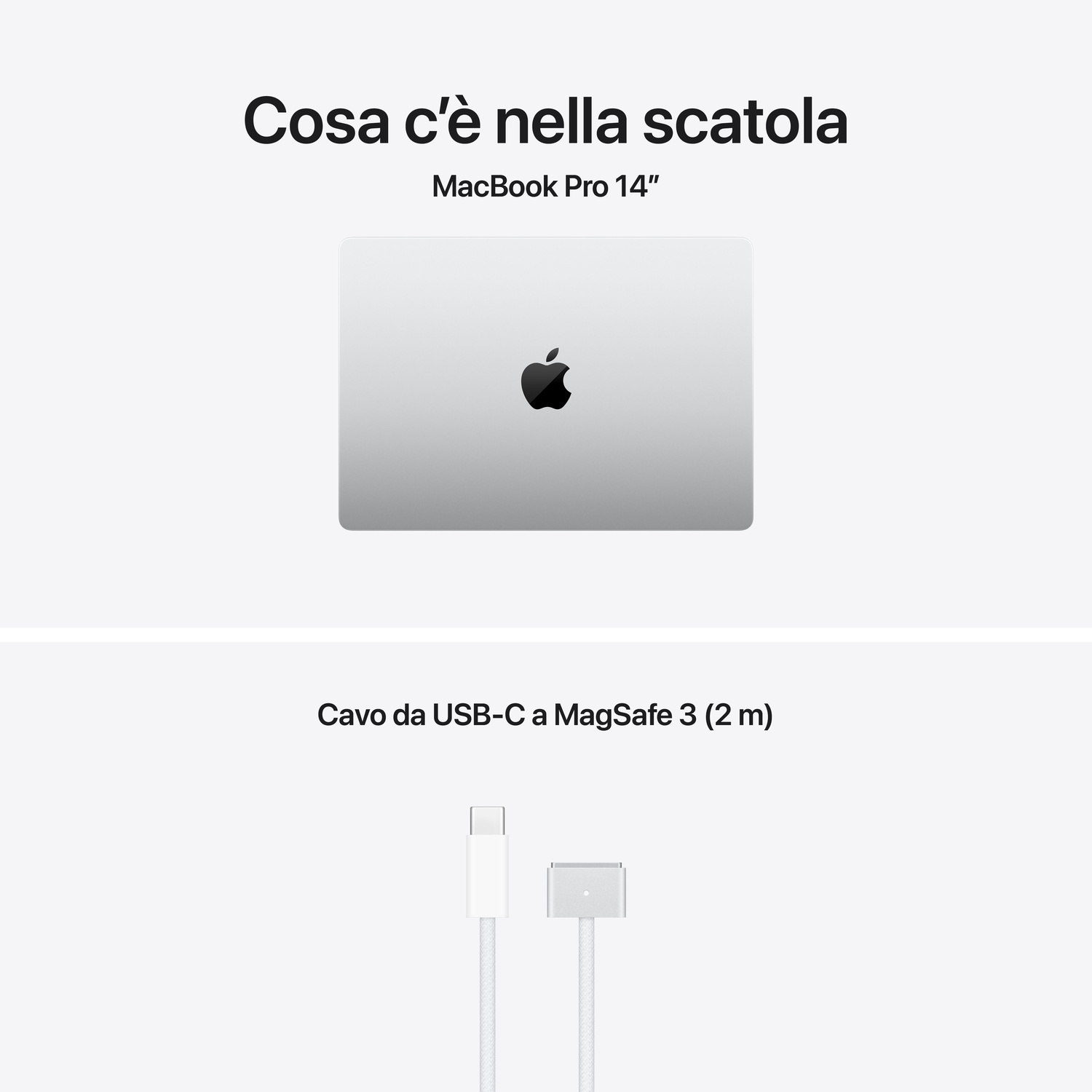 Un MacBook Pro 14" e un cavo USB-C a MagSafe 3 (2m).
