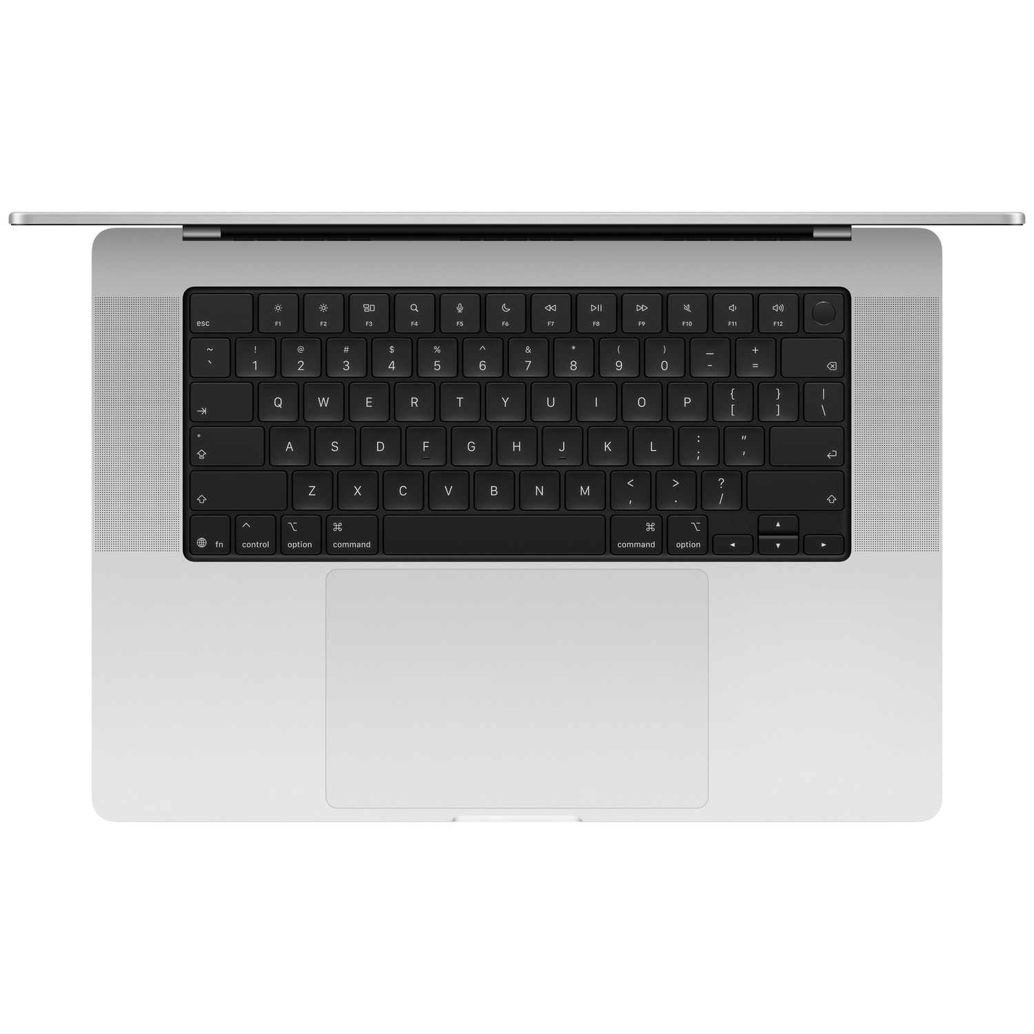 Silver laptop with a black keyboard and trackpad, shown from above.
