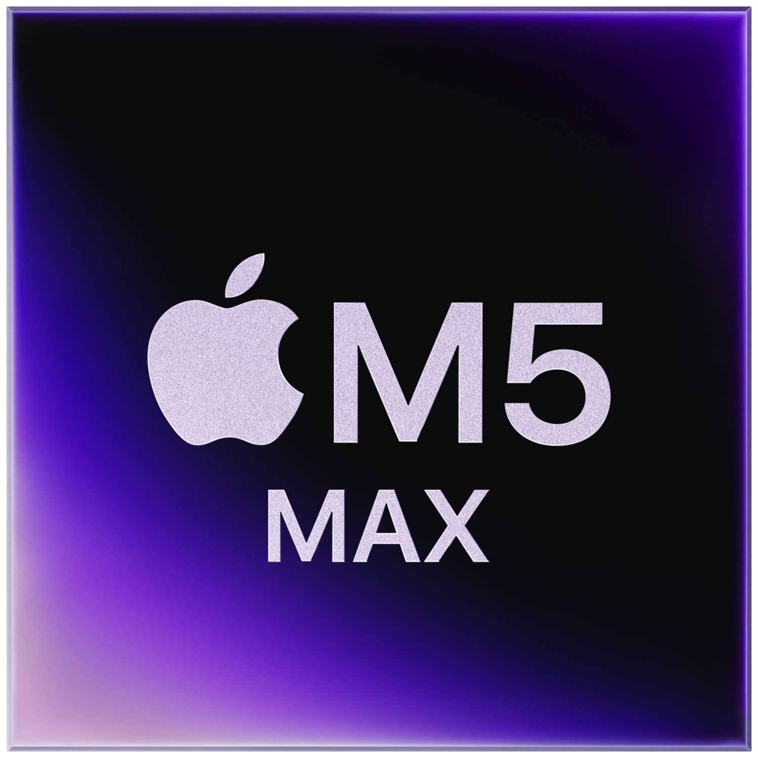 Apple logo en "M5 MAX" tekst op zwarte achtergrond met paars verloop.