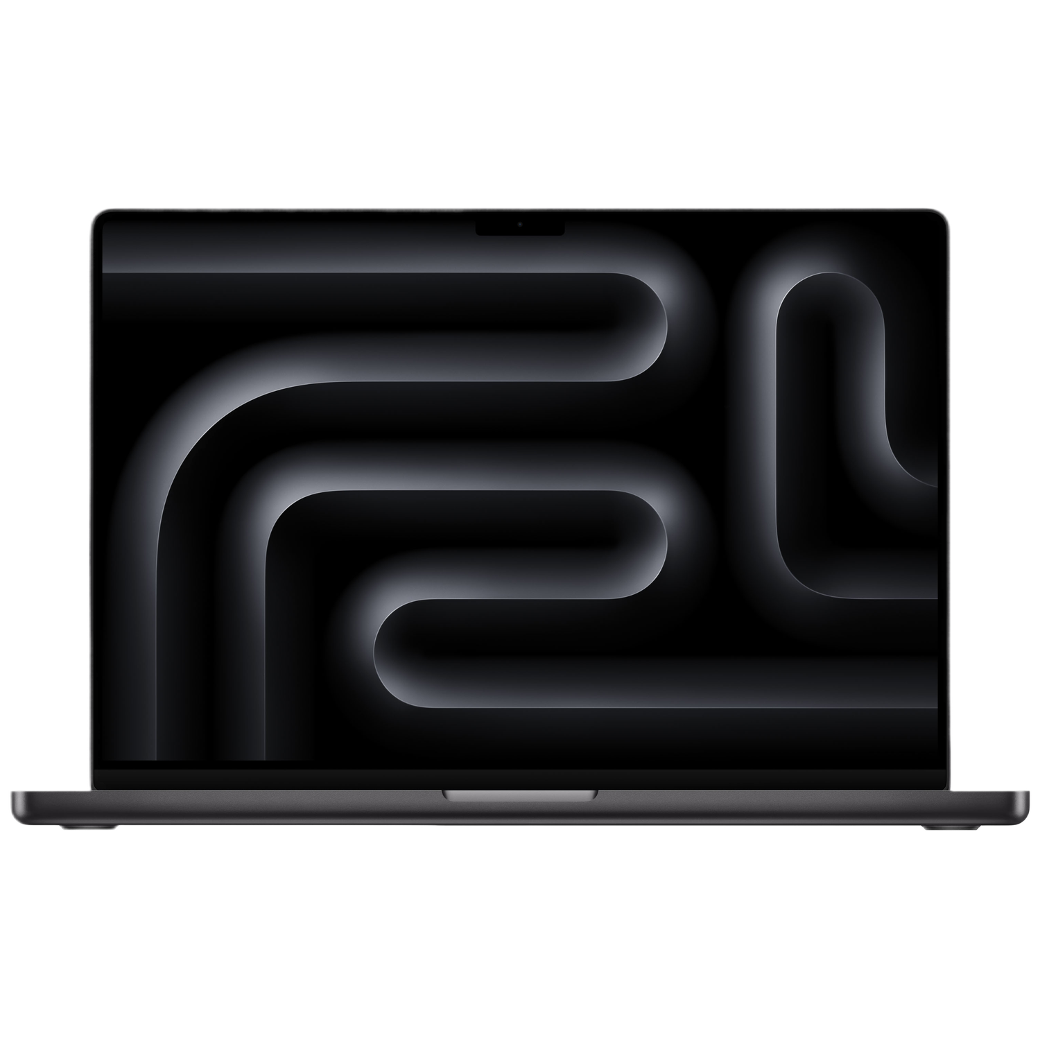 Een donkere laptop toont een abstract, gebogen lijnpatroon op het scherm.