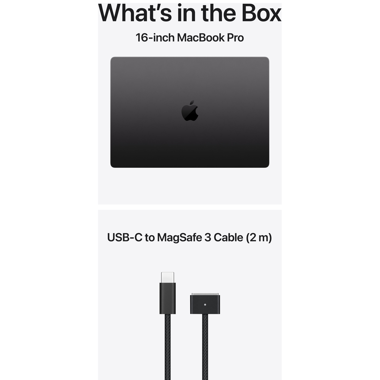 Een donkere 16-inch MacBook Pro en een USB-C naar MagSafe 3 kabel.