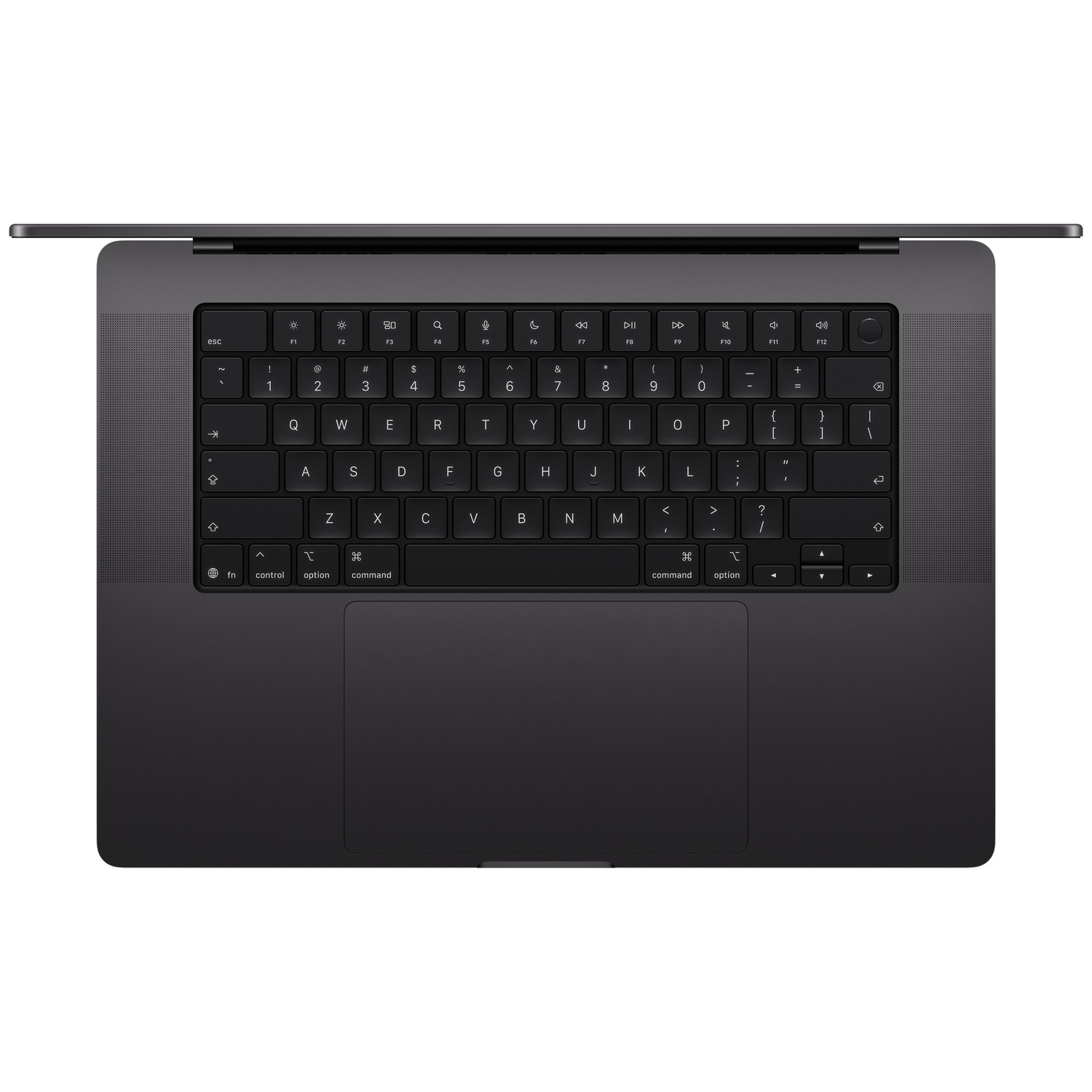 MacBook gris foncé, couvercle ouvert, clavier et trackpad visibles.