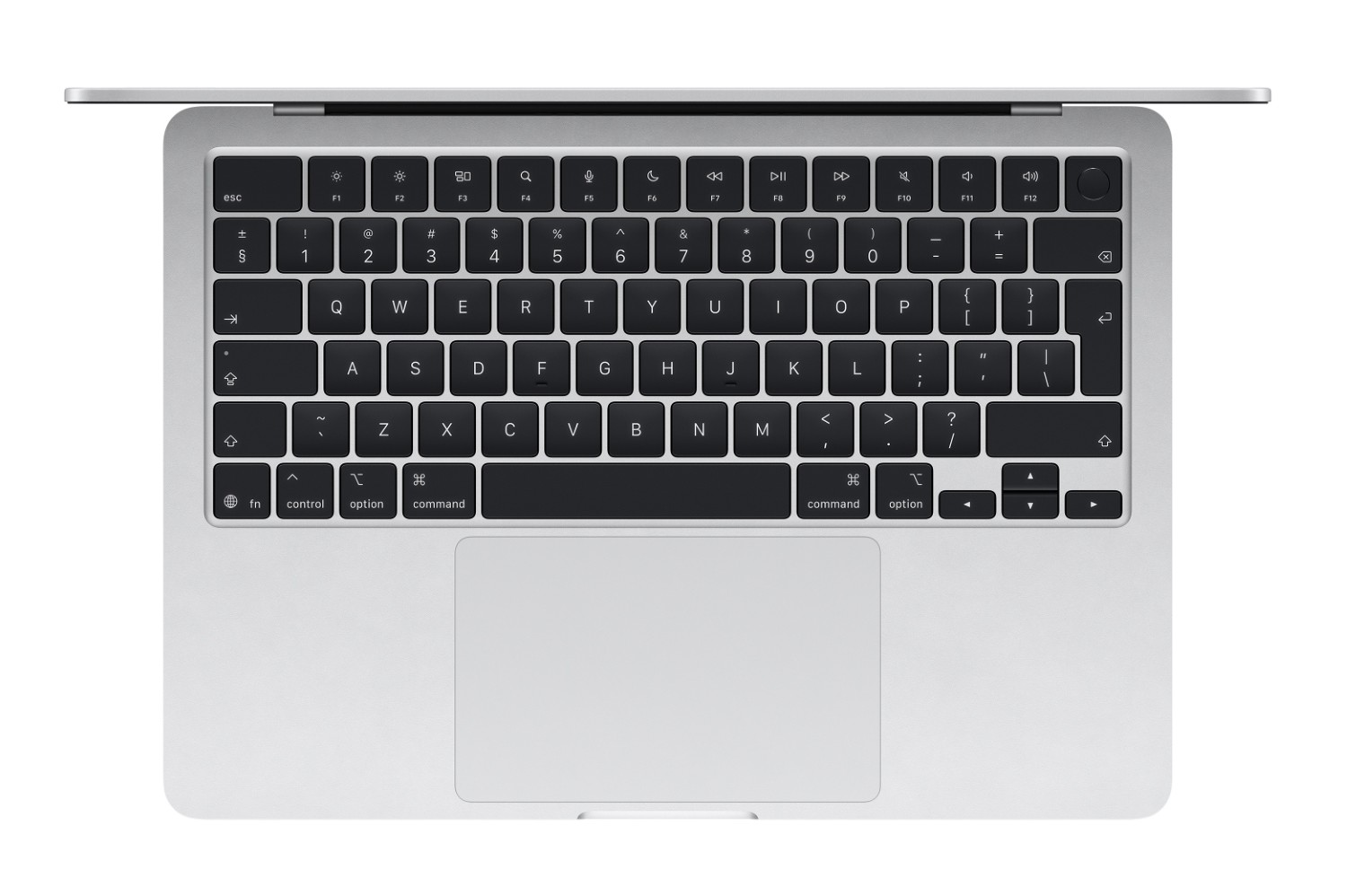 Srebrna klawiatura laptopa z czarnymi klawiszami, pokazująca układ QWERTY i touchpad.