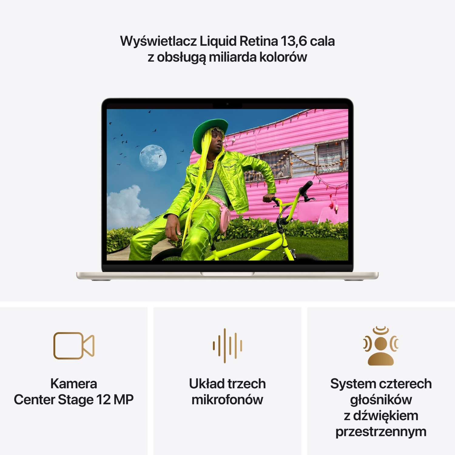 Laptop wyświetla osobę w neonowo-zielonym stroju przed kamperem. Kamera, mikrofony, głośniki.