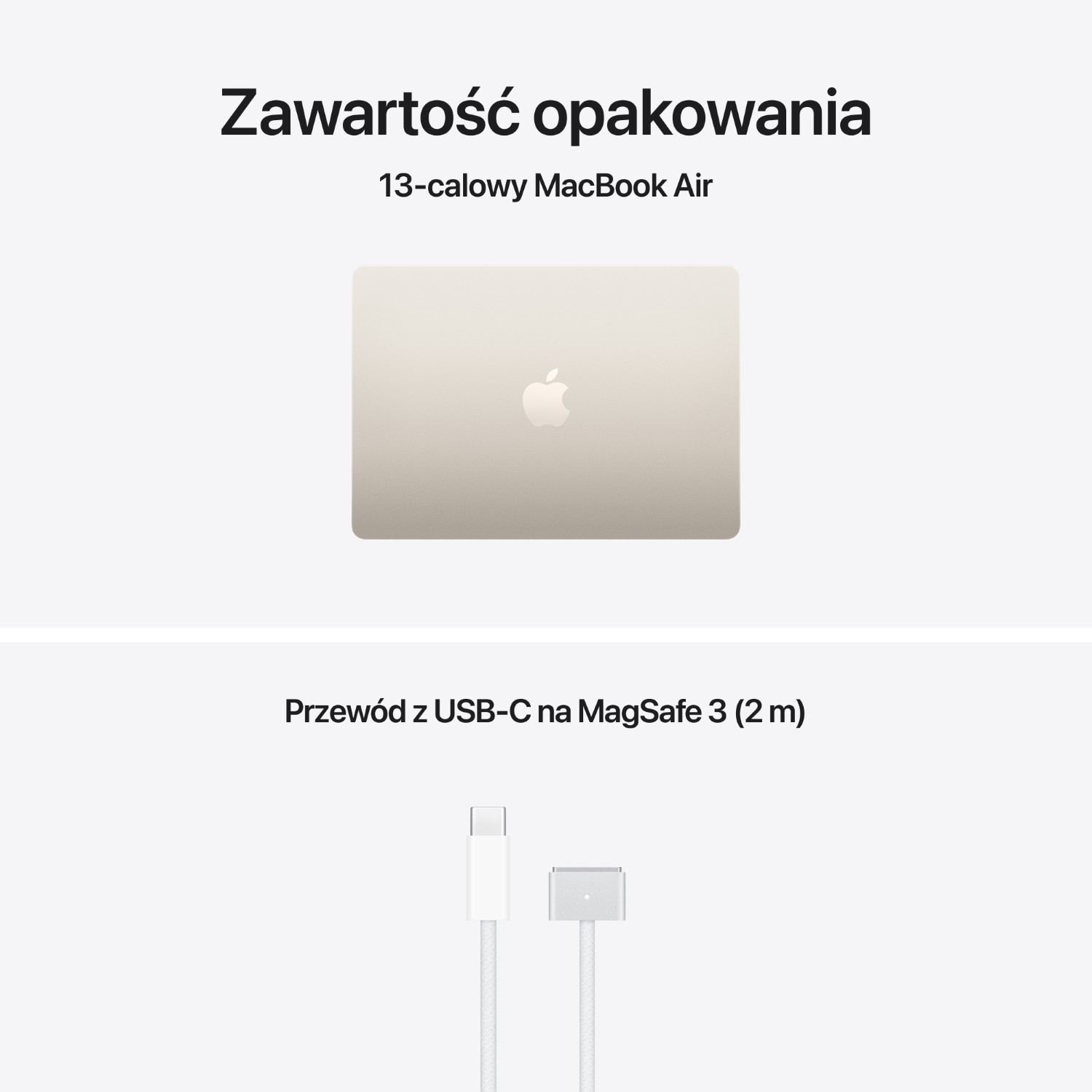 Zawartość opakowania: MacBook Air 13 cali i kabel USB-C na MagSafe 3.