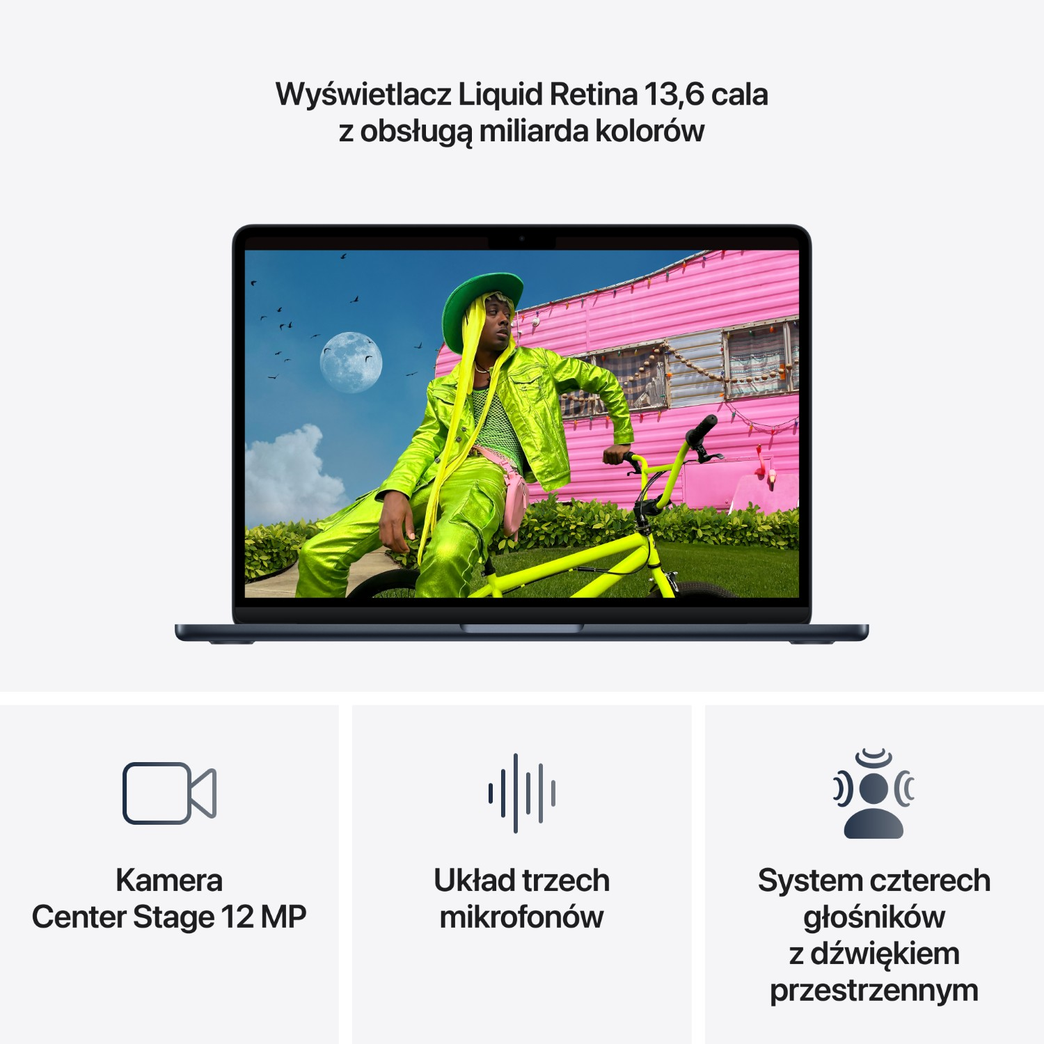 Laptop prezentuje osobę w neonowo-zielonych ubraniach przed różową przyczepą kempingową.