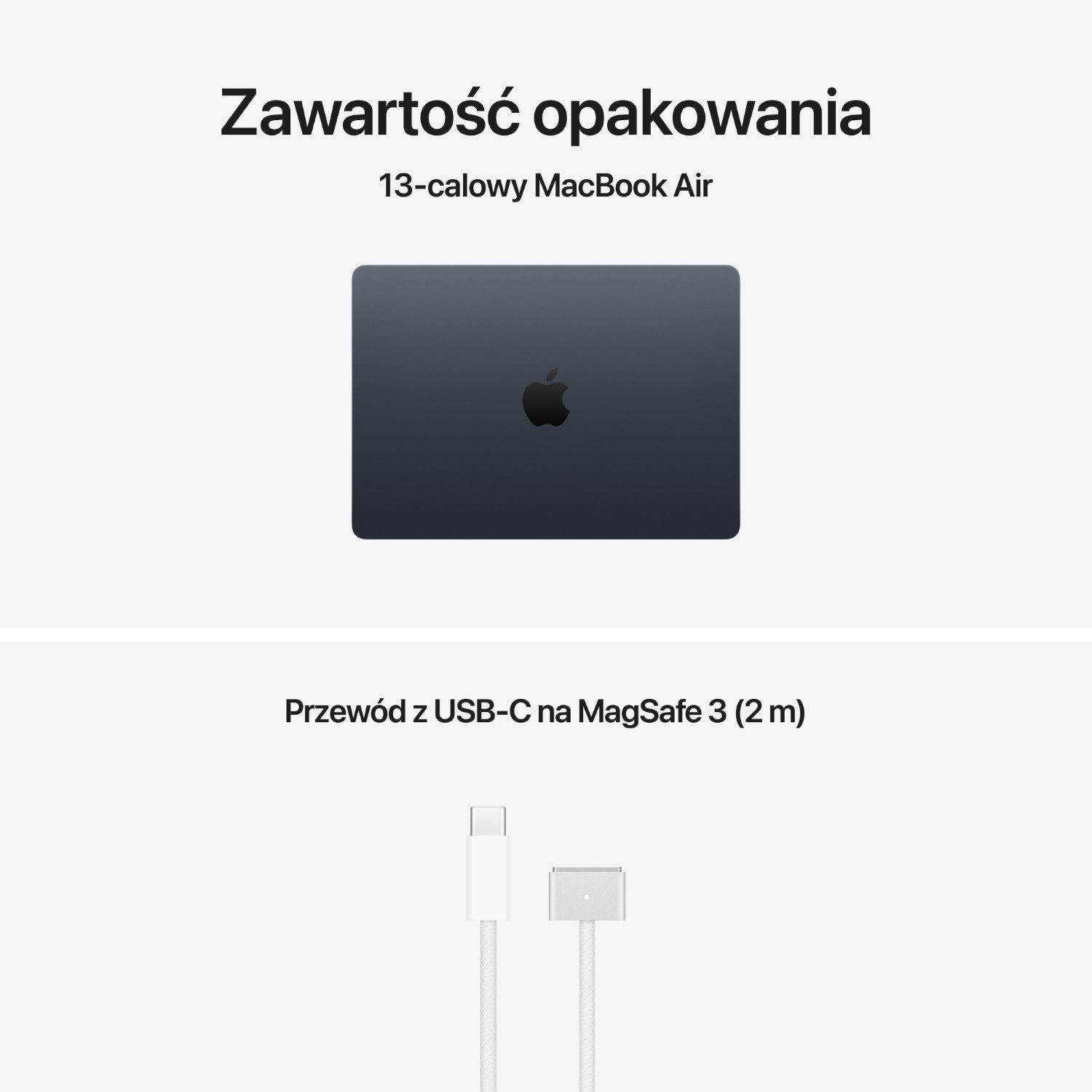 Ciemny MacBook Air i biały kabel USB-C na MagSafe 3.