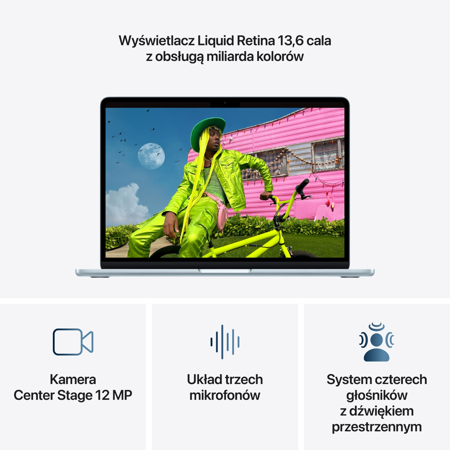 Laptop z wyświetlaczem Liquid Retina 13,6 cala. Osoba w zielonym stroju.