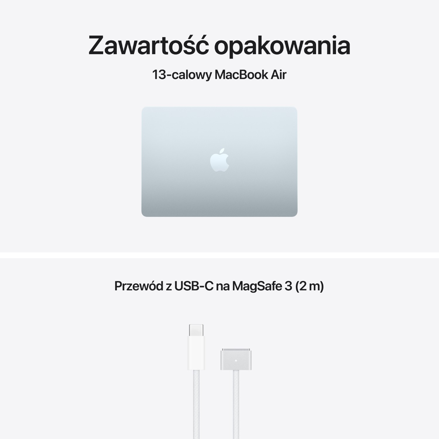 Srebrny MacBook Air 13 cali i biały kabel USB-C na MagSafe 3.
