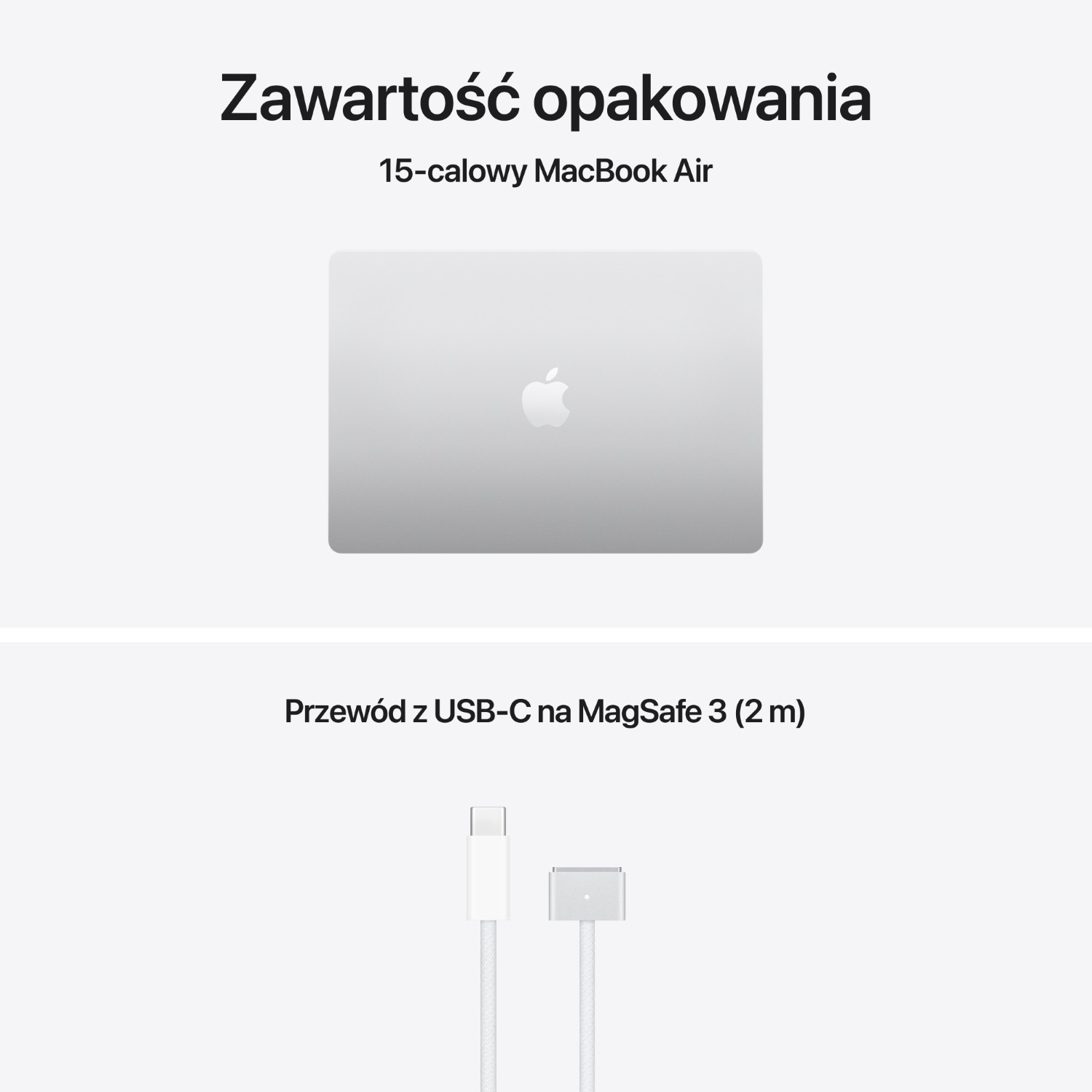 Srebrny MacBook Air i biały kabel USB-C na MagSafe 3.