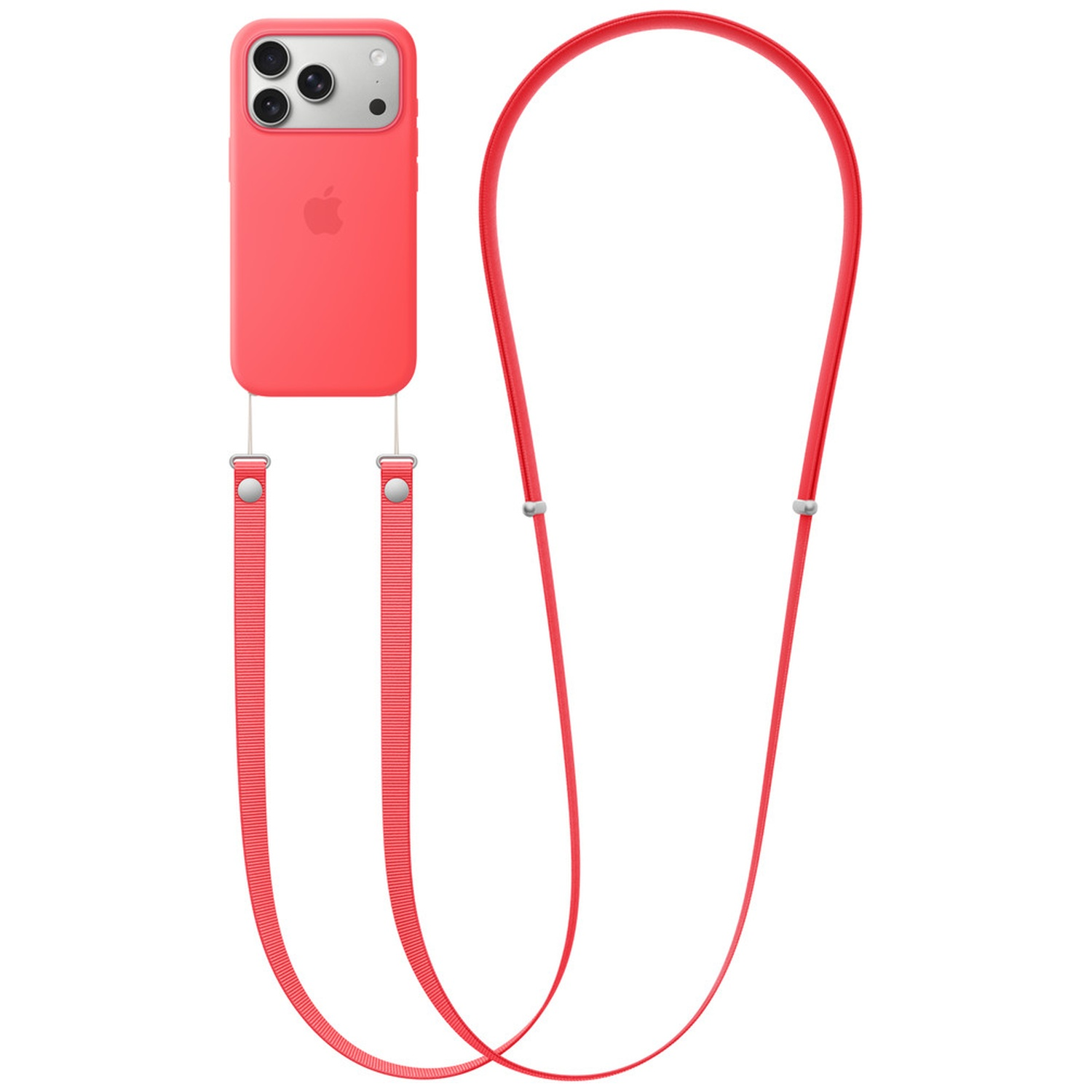 Coque iPhone rouge avec lanière sur fond blanc.