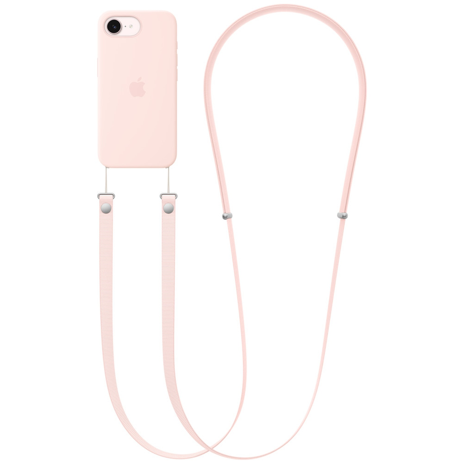 Une coque de téléphone rose pâle avec une lanière sur fond blanc.