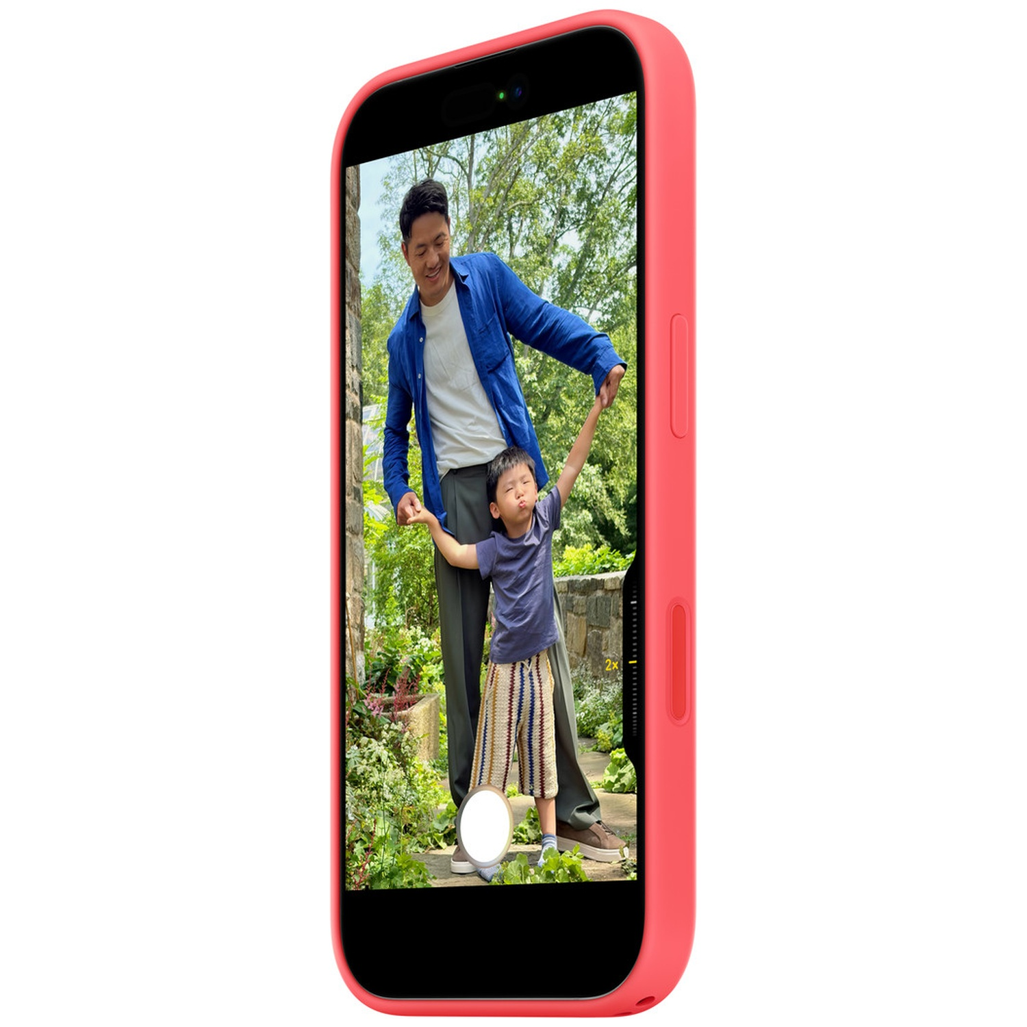 Man holds child's hand, both smile outdoors, viewed on phone.
