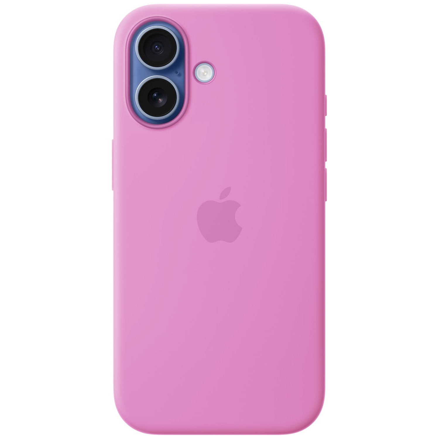 Een roze telefoonhoes met Apple logo en twee cameralenzen.