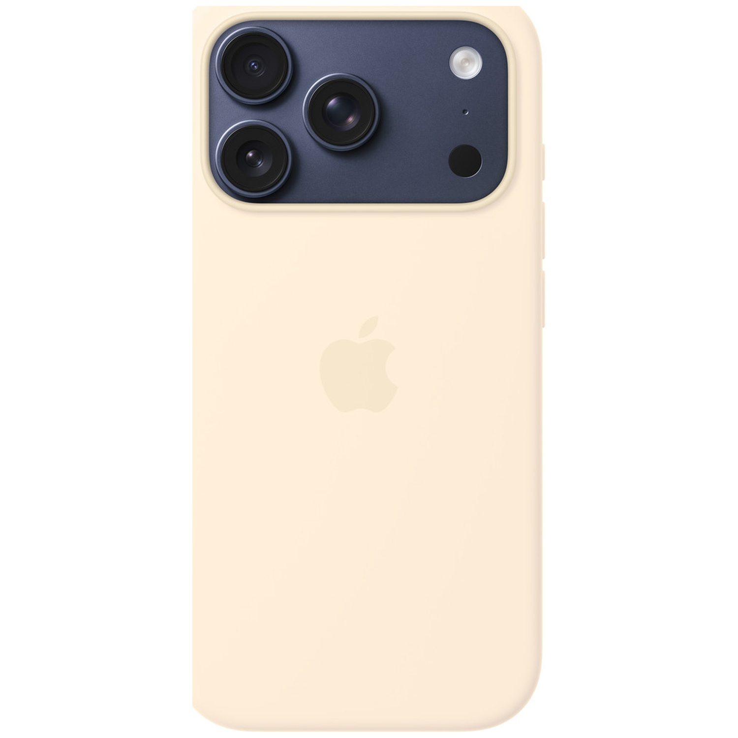 Een lichtgele iPhone case met een donkere cameraplaats met drie lenzen en flitser.
