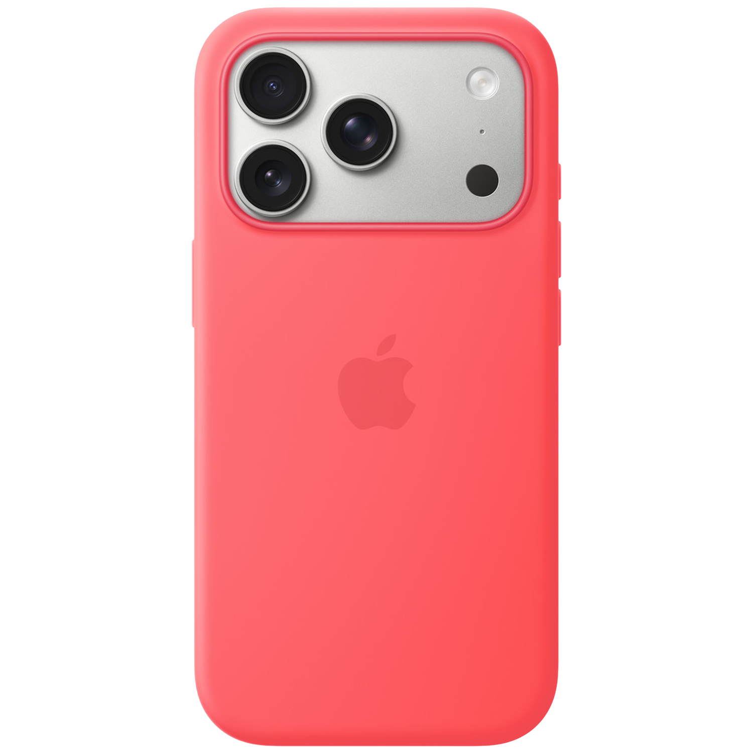 Rode hoes voor smartphone met drie cameralenzen en Apple-logo.