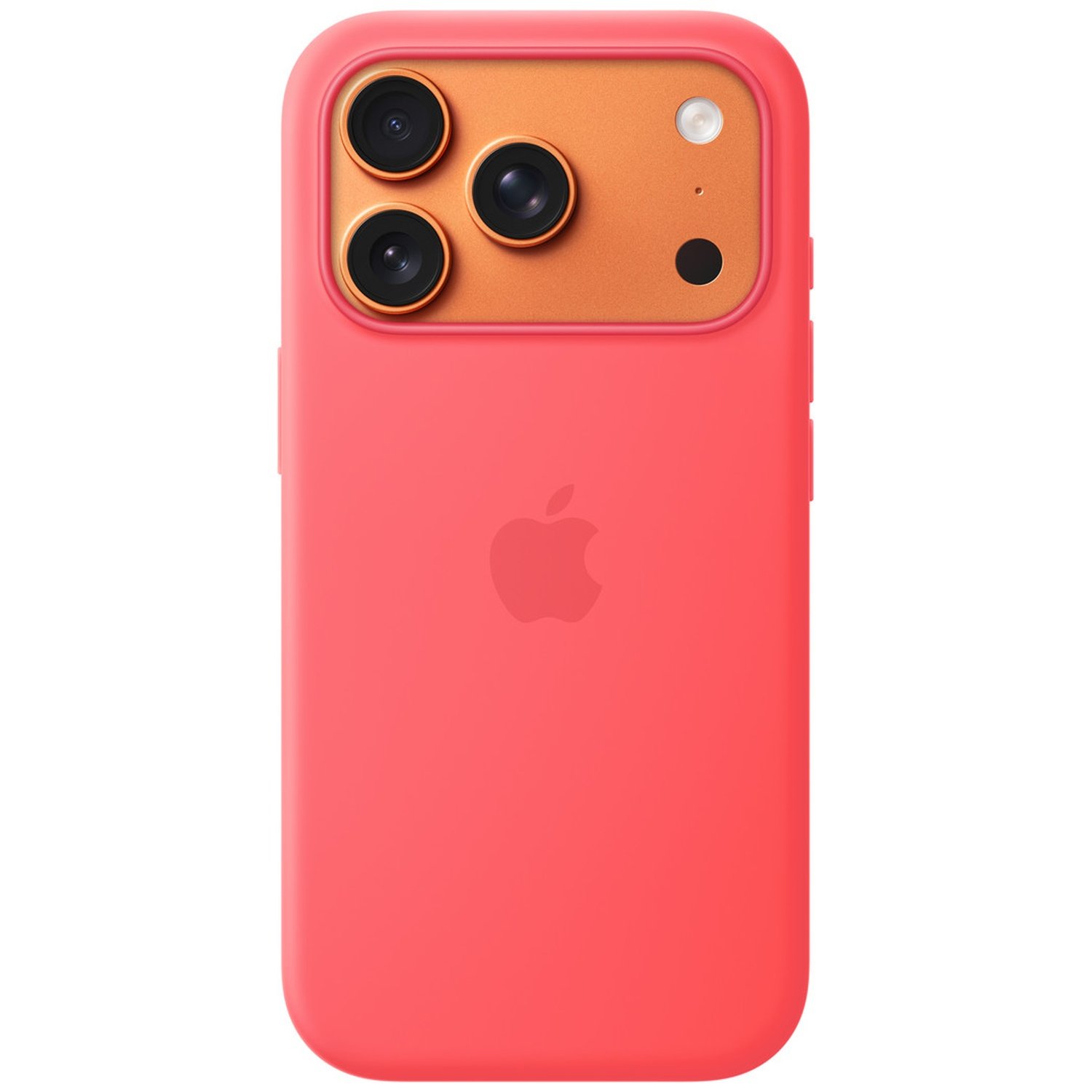 Rode telefoonhoes met drie cameralenzen en flitser op oranje achtergrond.