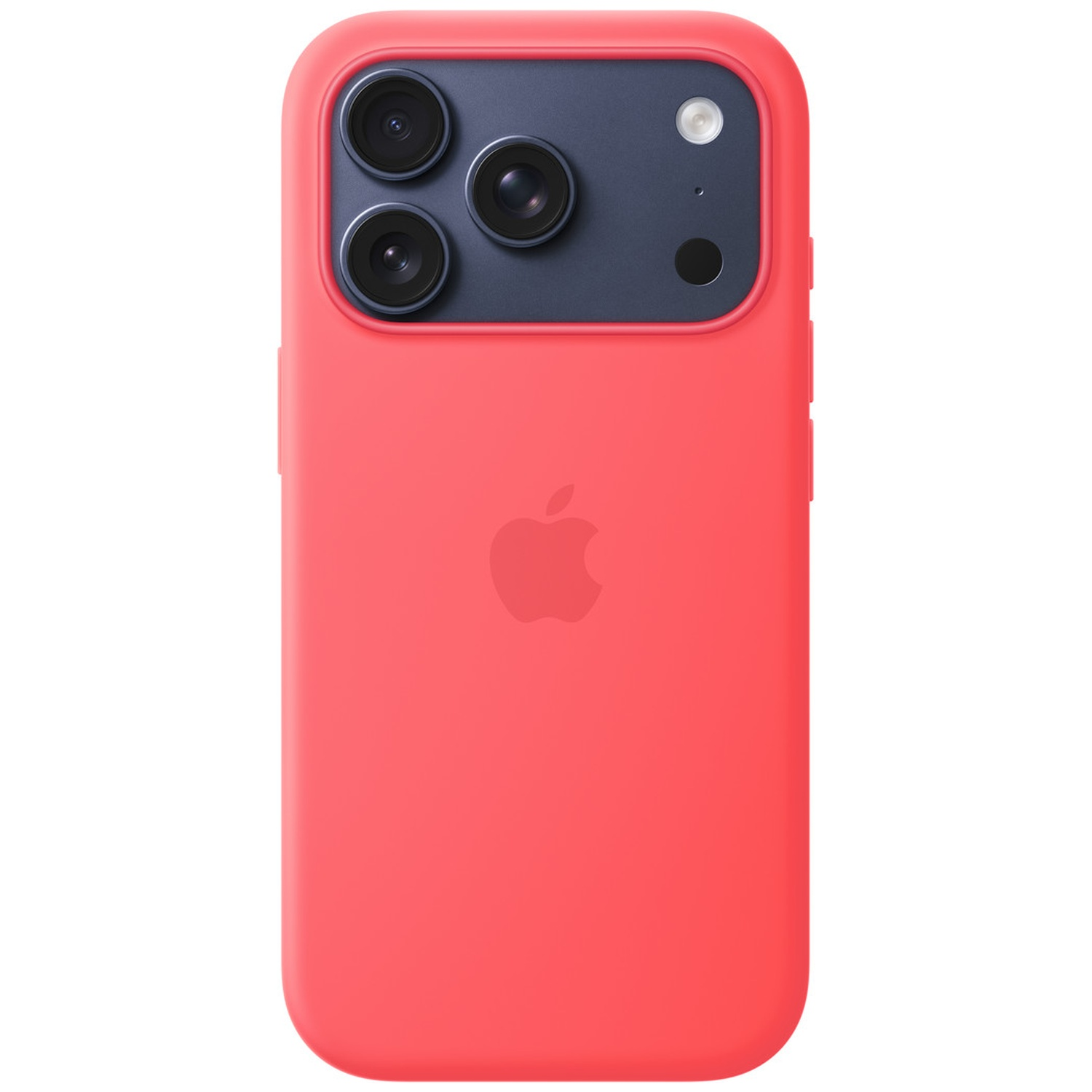 Rode telefoonhoes met drievoudige camera en Apple-logo.