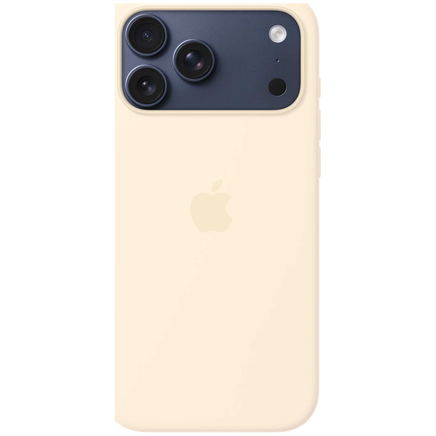 Achterkant van een crèmekleurige iPhone met een donkere cameramodule en drie lenzen.