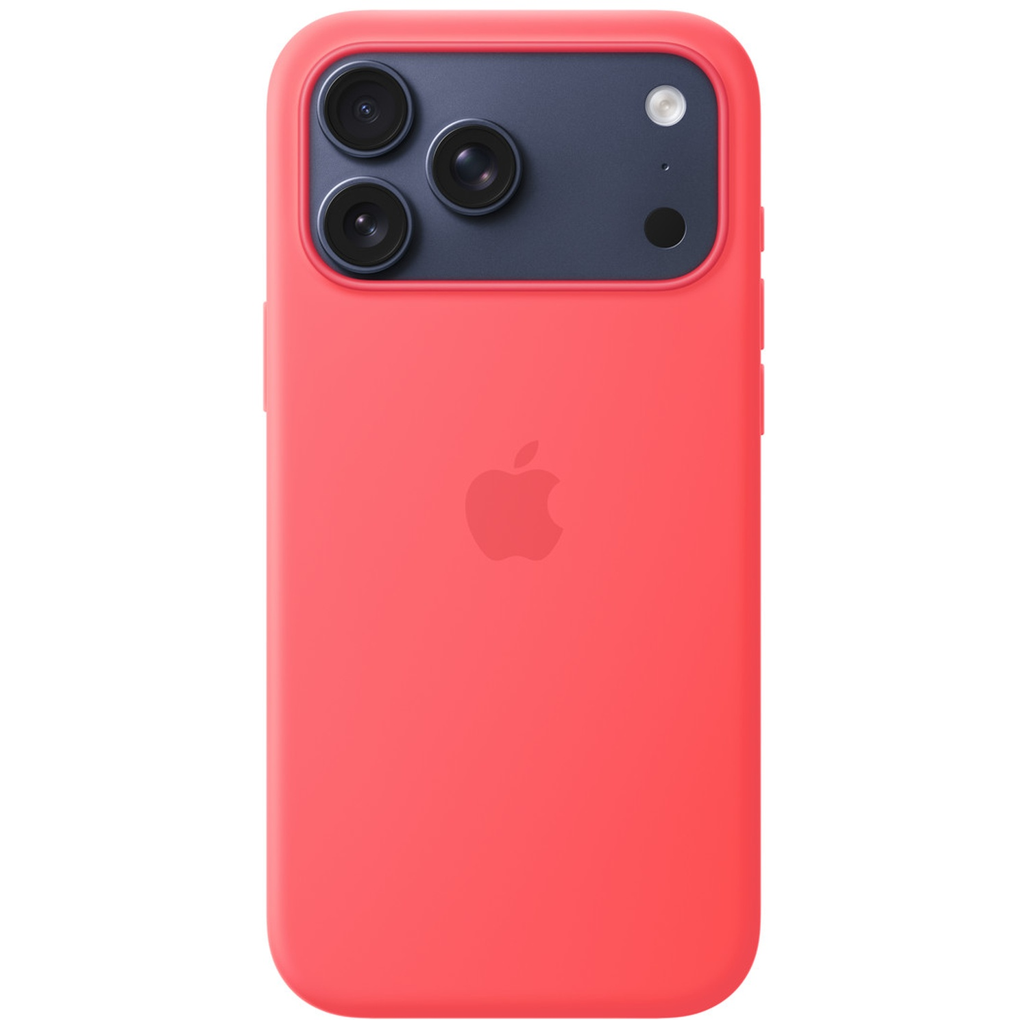 Red phone case with three cameras and Apple logo.