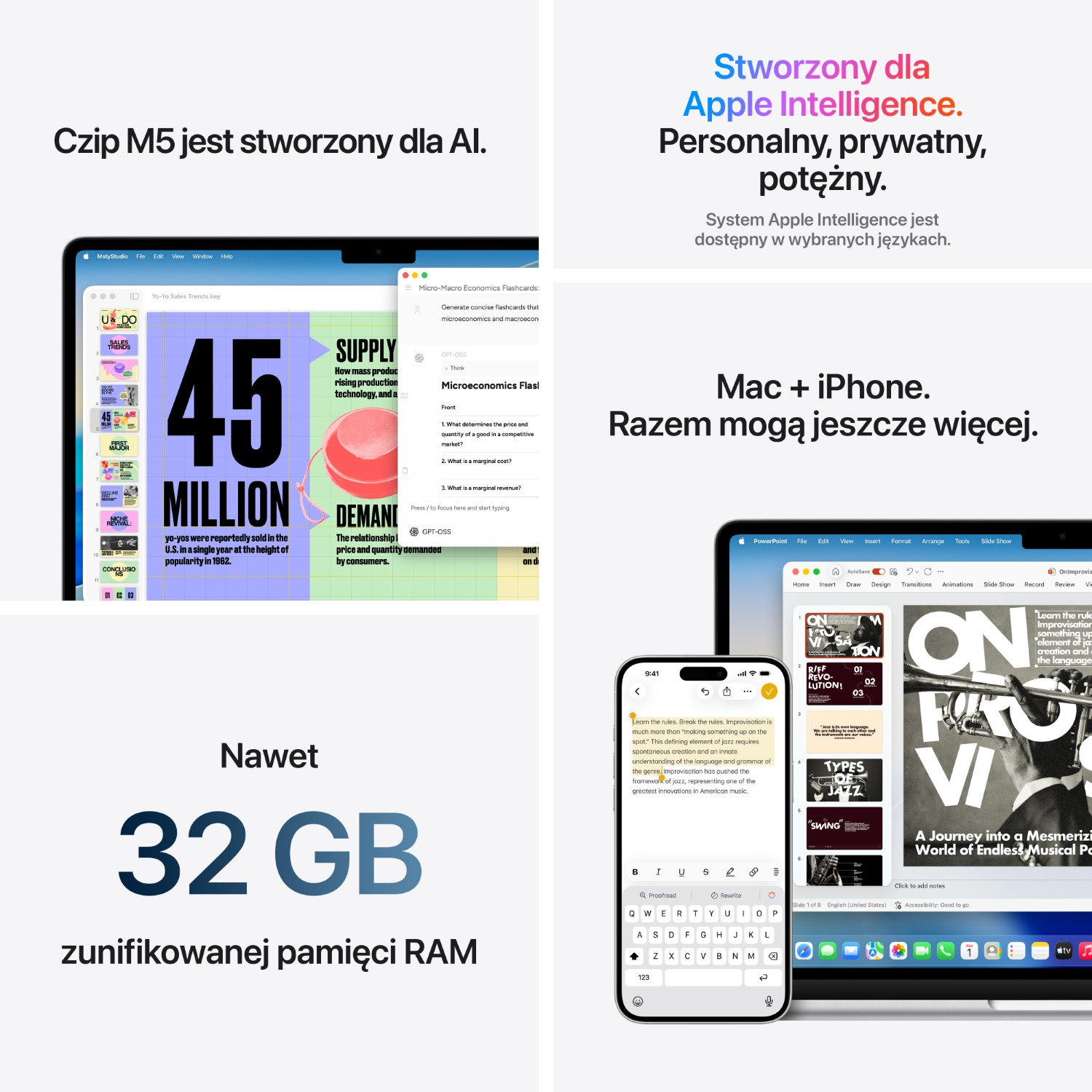 Mac i iPhone z 32 GB RAM obok laptopa z prezentacją.