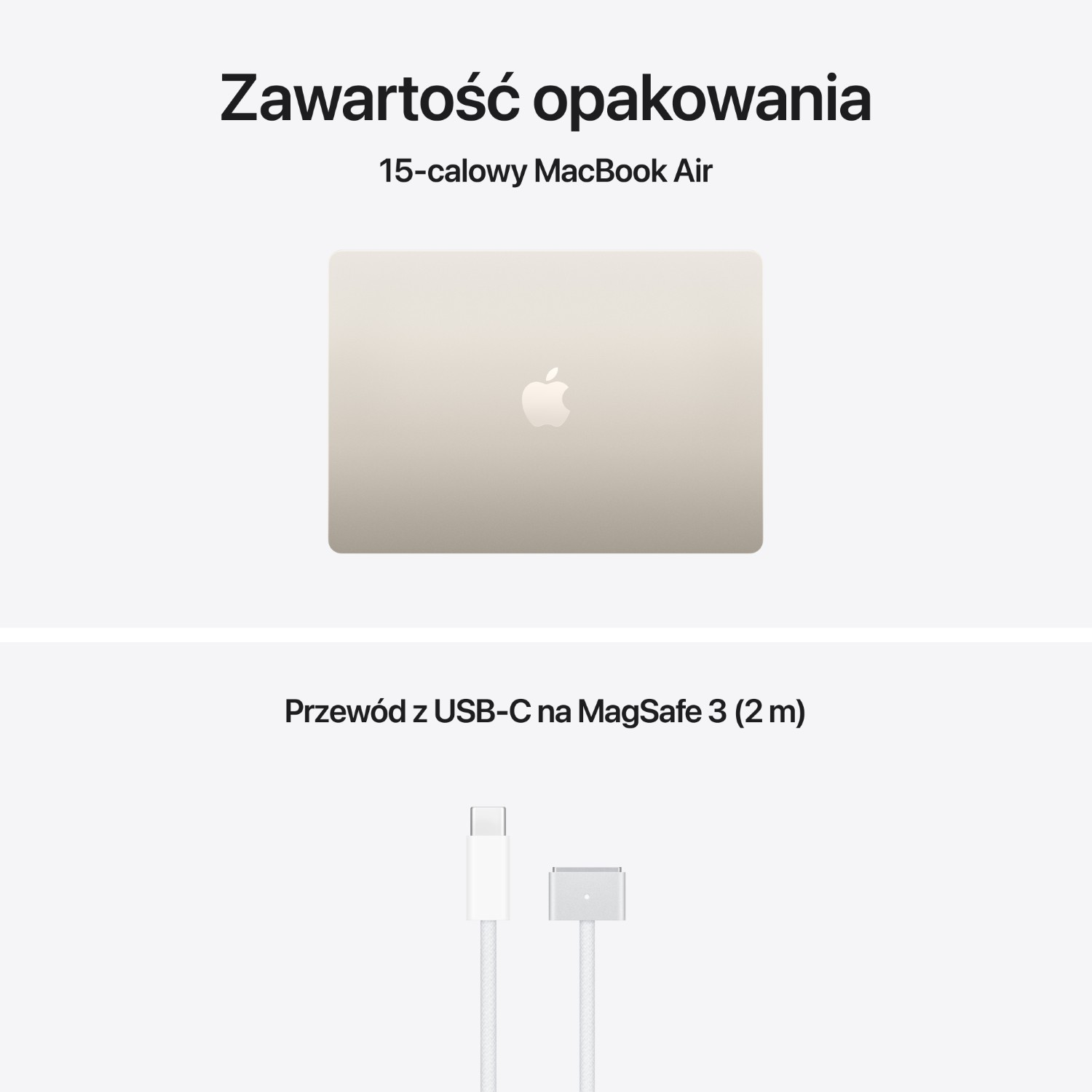 Złoty MacBook Air i biały kabel USB-C na MagSafe 3.