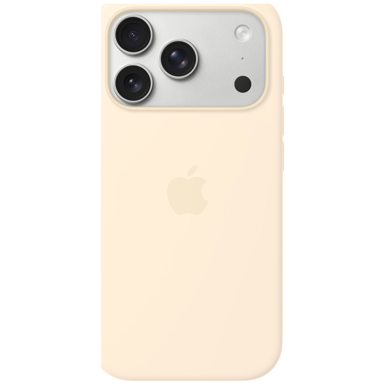 Een lichtgele telefoonhoes met Apple-logo en drie cameralenzen.