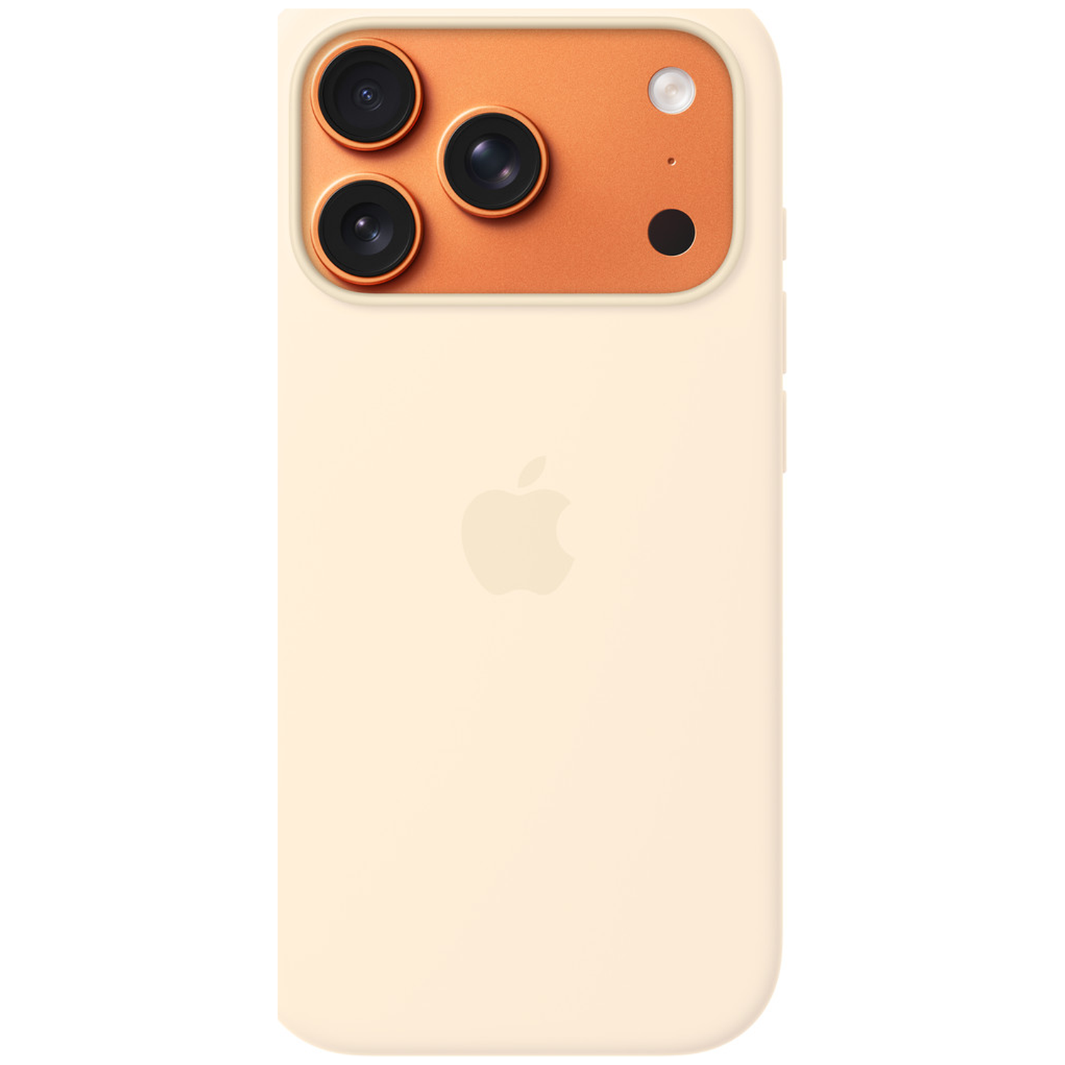 Een licht beige iPhone hoesje met een oranje cameramodule en drie lenzen.