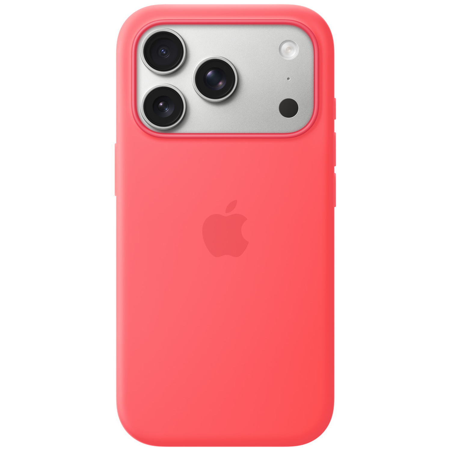 Rode telefoonhoes met drie cameralenzen en flitser. Apple logo zichtbaar.