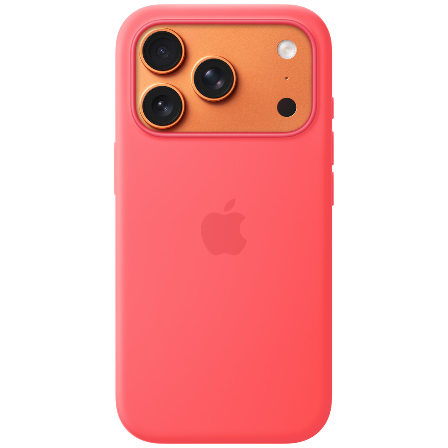 Rode iPhone met drie cameralenzen en oranje rand op witte achtergrond.