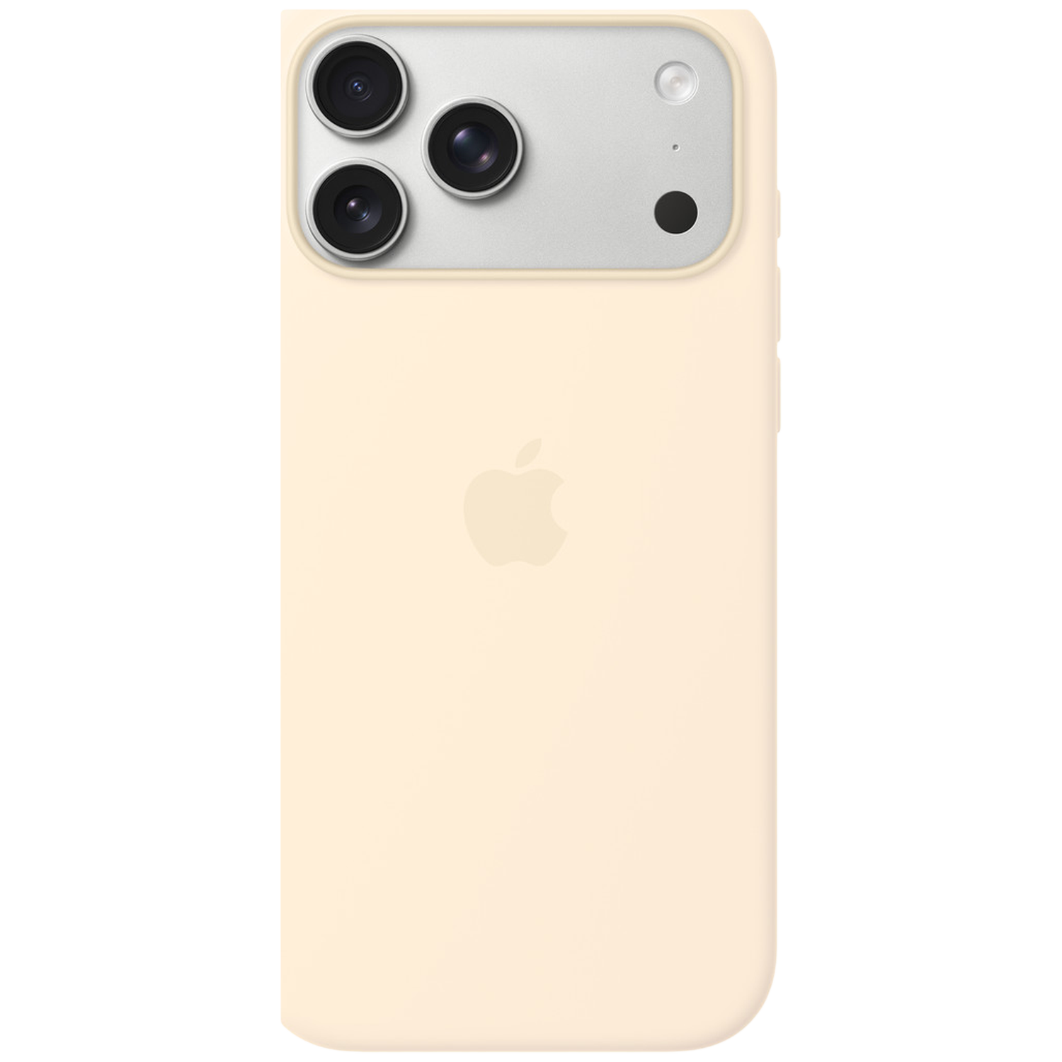 Achterkant van een lichtbeige iPhone met drievoudige camera en Apple-logo.