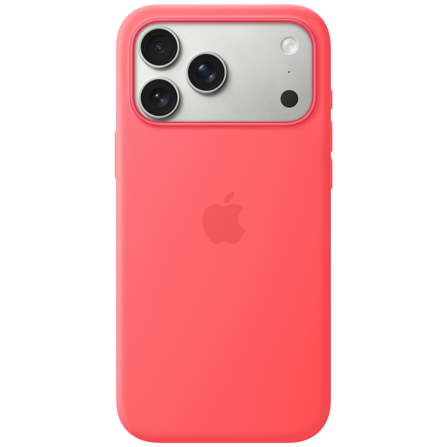 Rode telefoonhoes met drievoudige camera en Apple logo op witte achtergrond.